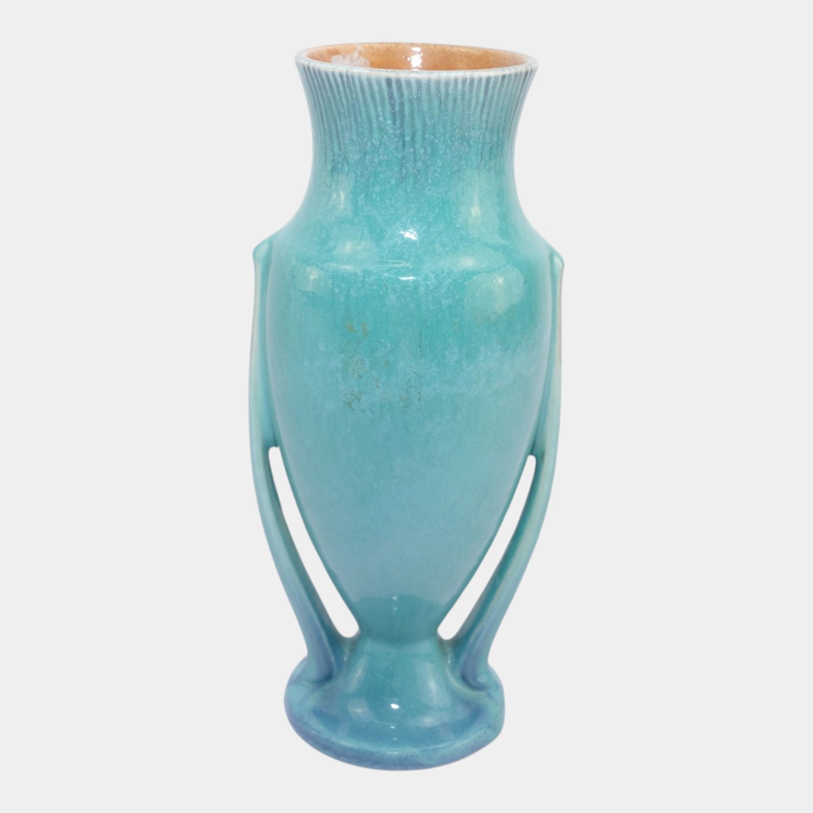 Roseville Orian Turquoise 1935 Vintage Art Deco Pottery Ceramic Vase 740-10: Professional, fast, and affordable in house shipping available for all items. For higher resolution images please visit bid.craftedauctions.com Roseville Orian Turquoise 1935 Vintage Art Deco Pottery 