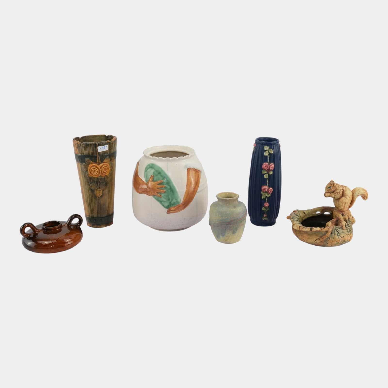 Weller Woodcraft, Drapery, Wood Rose, & Other Art Pottery Vases Squirrel Bowl And Wall Pocket: Professional, fast, and affordable in house shipping available for all items. For higher resolution images please visit bid.craftedauctions.com Weller Woodcraft, Drapery, Wood Rose, & Other Art Potter