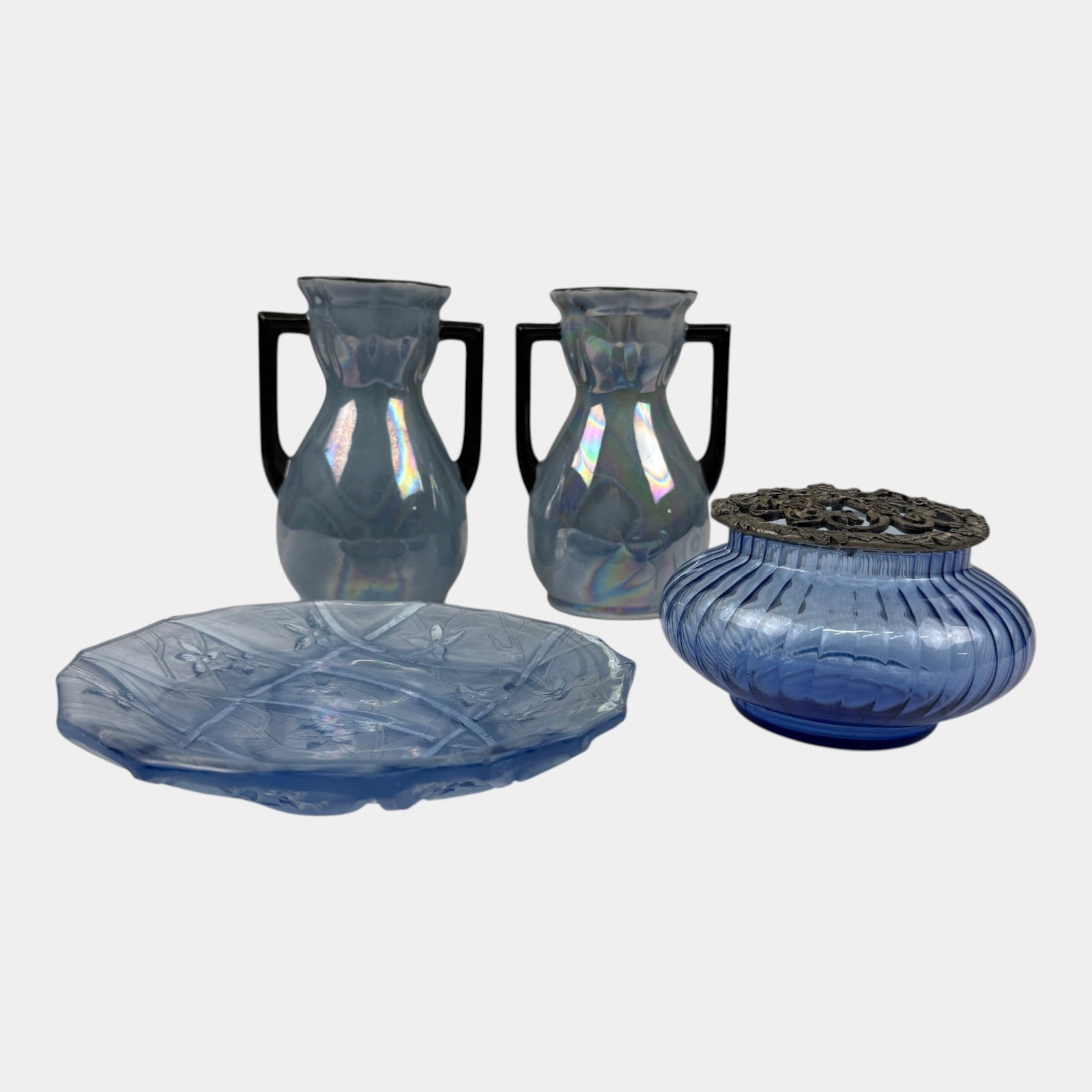 Czechoslovakia Blue Lusterware Vases, Consolidated Glass 700 Plate, & Blue Glass Pewter Lid: Professional, fast, and affordable in house shipping available for all items. For higher resolution images please visit bid.craftedauctions.com Czechoslovakia Blue Lusterware Vases, Consolidated Glass