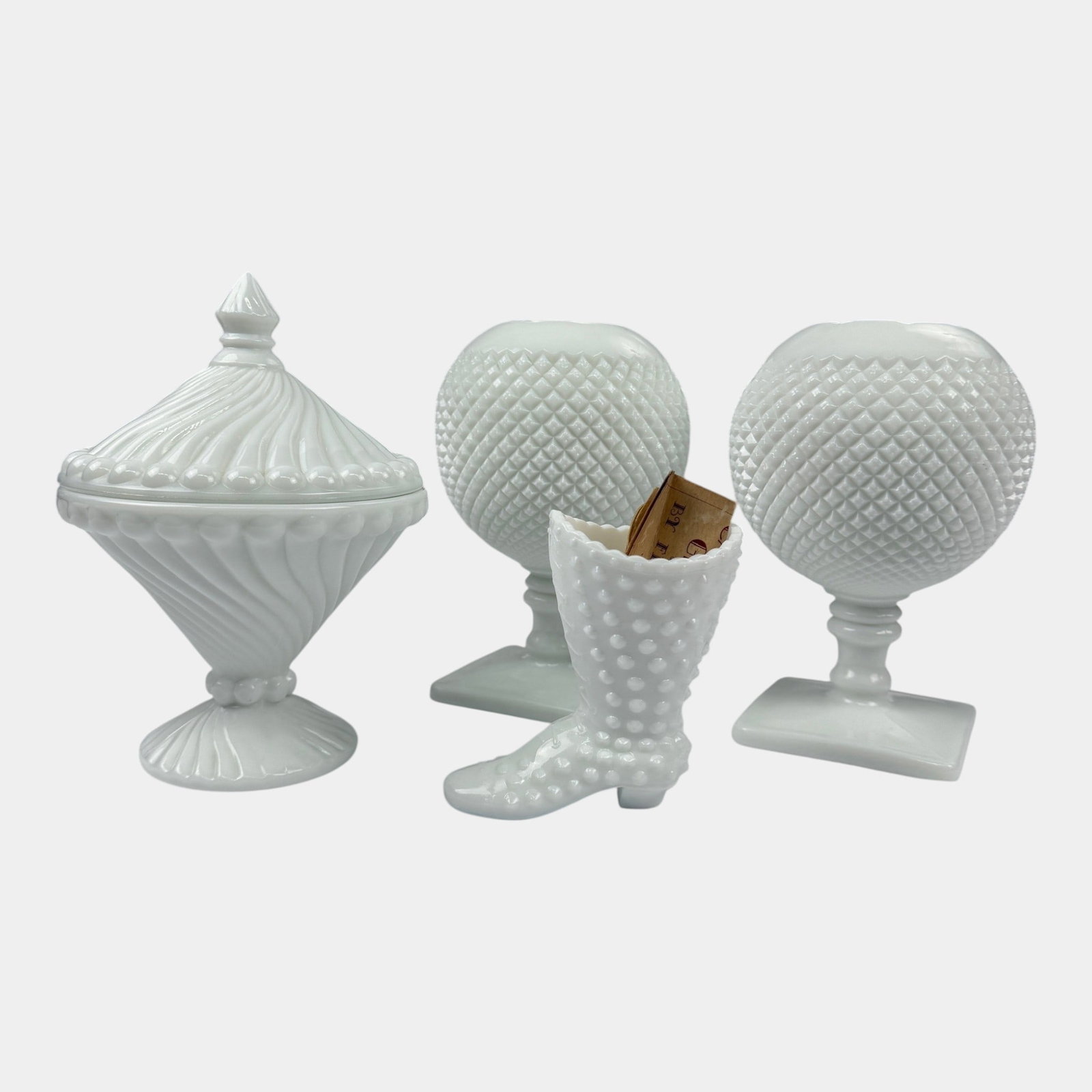 Westmoreland And Fenton White Milk Glass Hobnail Vases & Boot With Swirled Lidded Candy Dish (1 of 18)