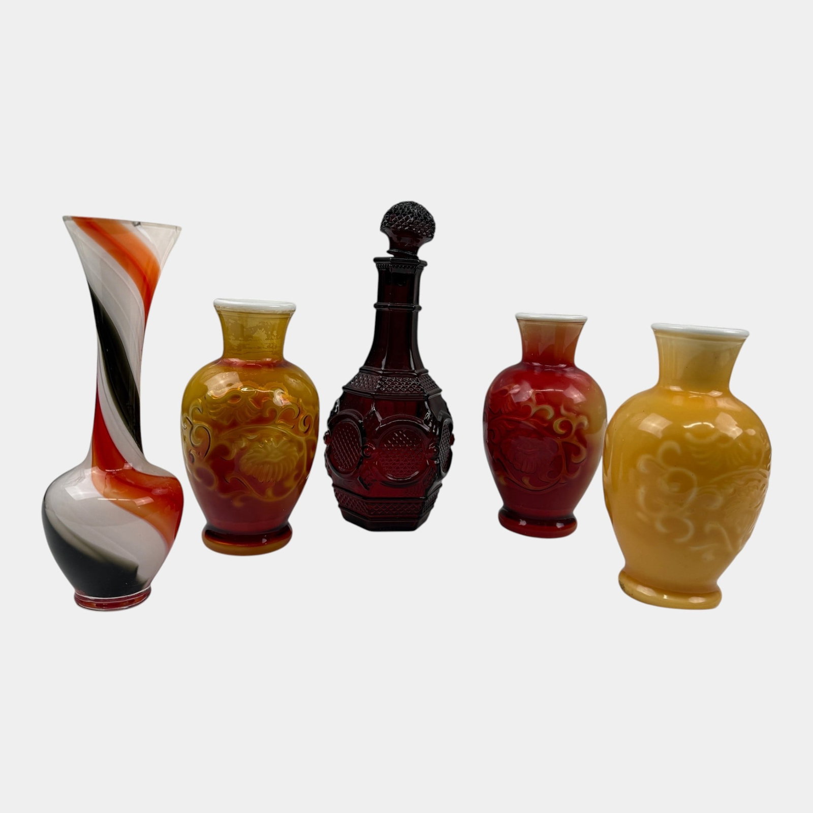 Italian Opaline Orange Black White Swirled Glass Vase With Avon Cape Cod And Fragranced Vases: Professional, fast, and affordable in house shipping available for all items. For higher resolution images please visit bid.craftedauctions.com Italian Opaline Orange Black White Swirled Glass Vase Wi