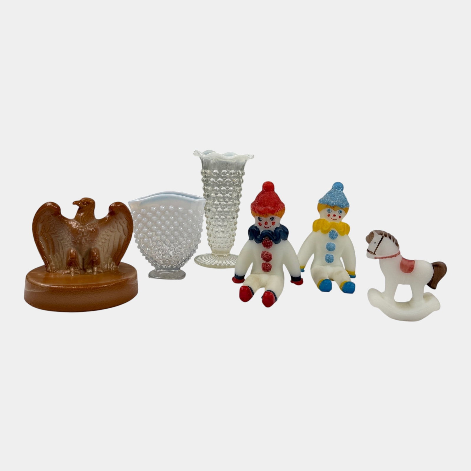 Fenton Hand Painted Satin Glass Clowns And Rocking Horse, Brown Eagle Paperweight, & Hobnail Vases: Professional, fast, and affordable in house shipping available for all items. For higher resolution images please visit bid.craftedauctions.com Fenton Hand Painted Satin Glass Clowns And Rocking Horse