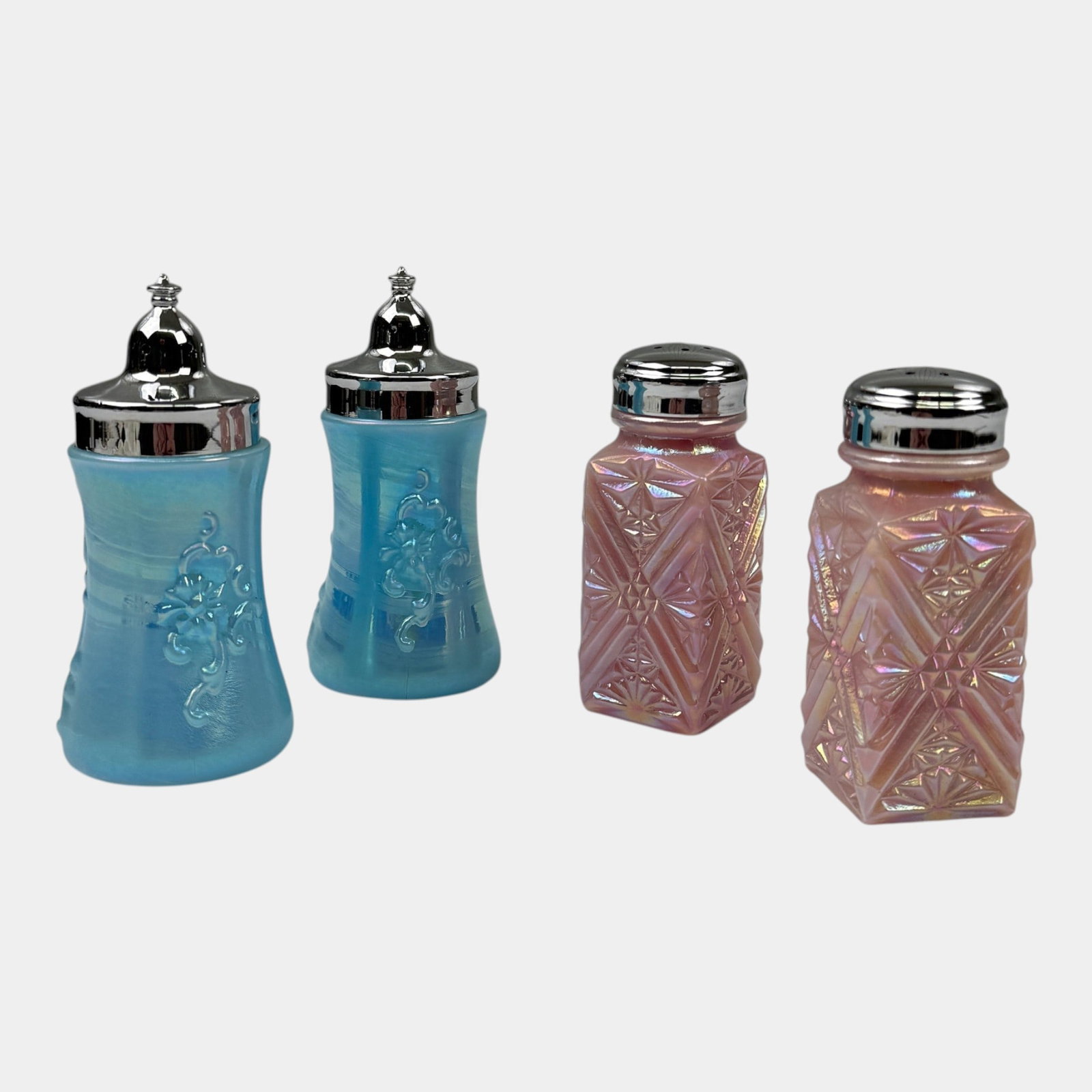 Terry Crider Ohio Studio Art Glass Experiment Blue & Pink Double Crossroads Iridescent Salt & Pepper: Professional, fast, and affordable in house shipping available for all items. For higher resolution images please visit bid.craftedauctions.com Terry Crider Ohio Studio Art Glass Experiment Blue & Pin