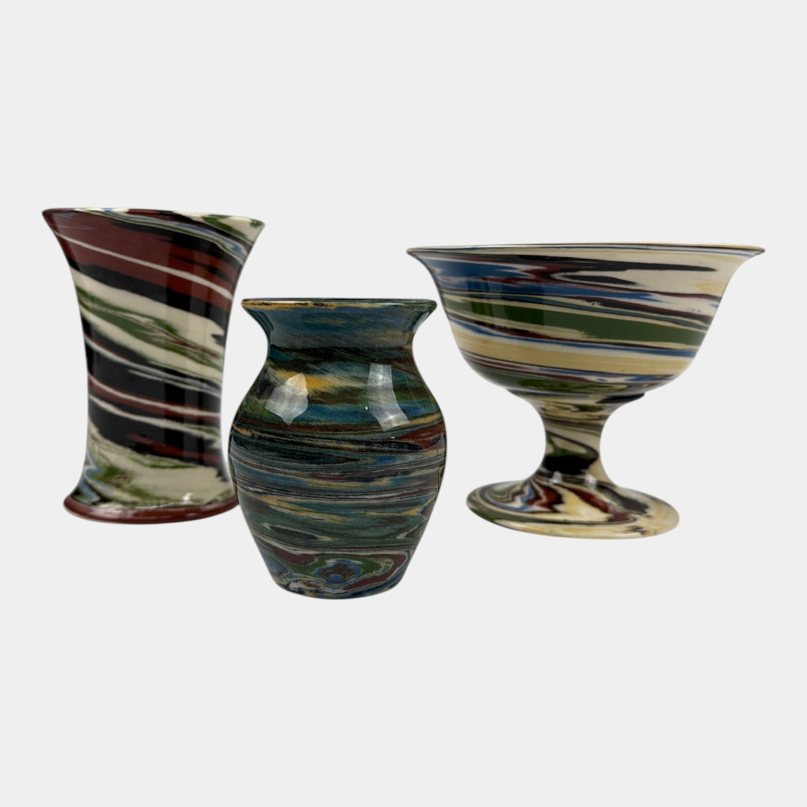 Desert Sands Evans Mission Swirl 1950 Art Pottery Green White Brown Yellow Vases And Pedestal Bowl: Professional, fast, and affordable in house shipping available for all items. For higher resolution images please visit bid.craftedauctions.com Desert Sands Evans Mission Swirl 1950 Art Pottery Green 