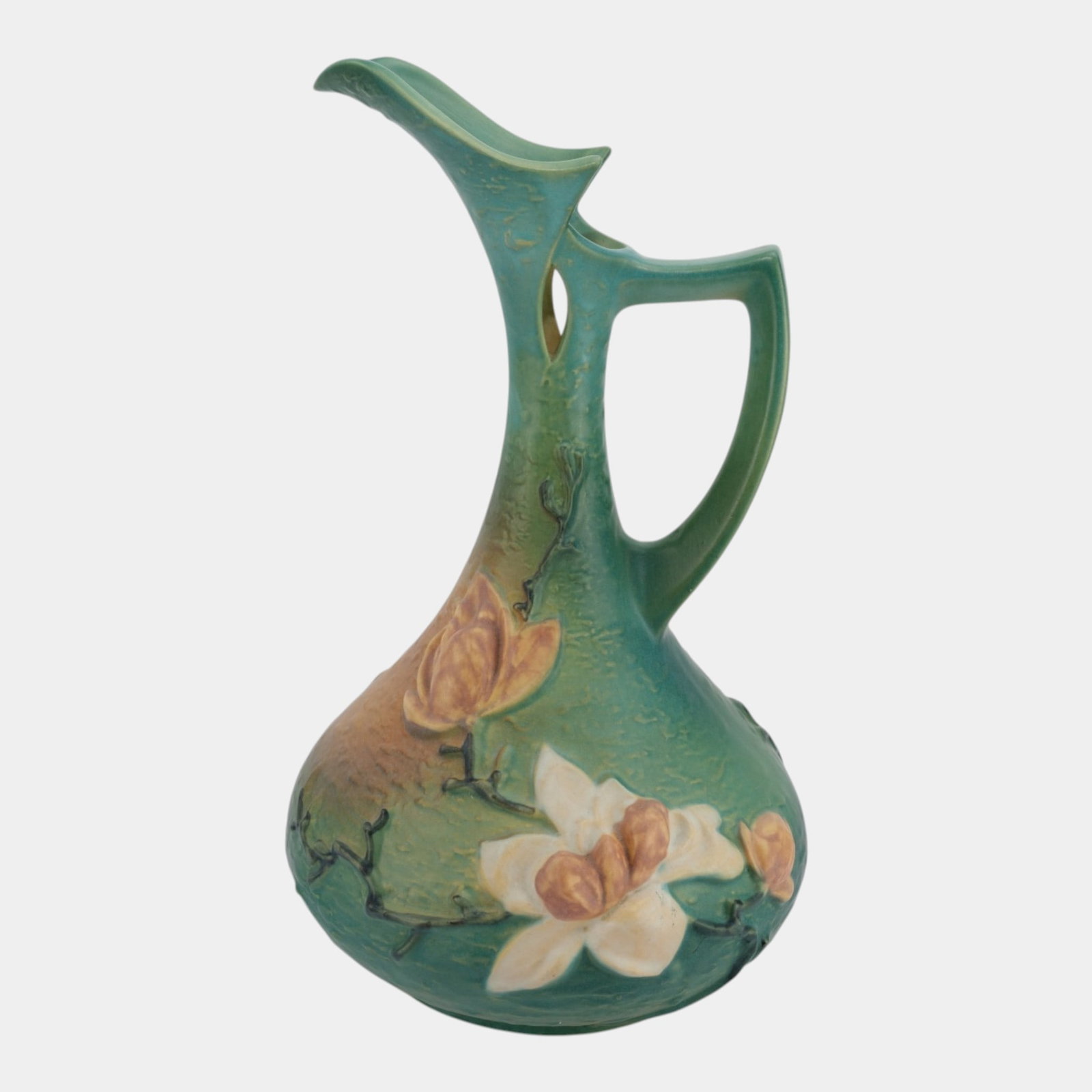 Roseville Magnolia Green 1943 Vintage Art Pottery Tall Ceramic Ewer 15-15: Professional, fast, and affordable in house shipping available for all items. For higher resolution images please visit bid.craftedauctions.com Roseville Magnolia Green 1943 Vintage Art Pottery Tall C