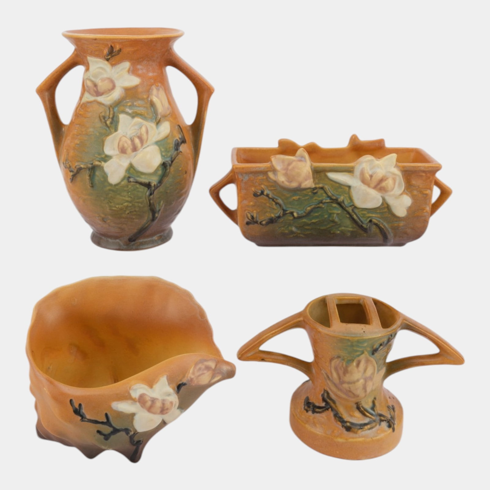Roseville Magnolia Brown 1945 Mid Century Modern Planter Basket Shell Vases: Professional, fast, and affordable in house shipping available for all items. For higher resolution images please visit bid.craftedauctions.com Roseville Magnolia Brown 1945 Mid Century Modern Planter
