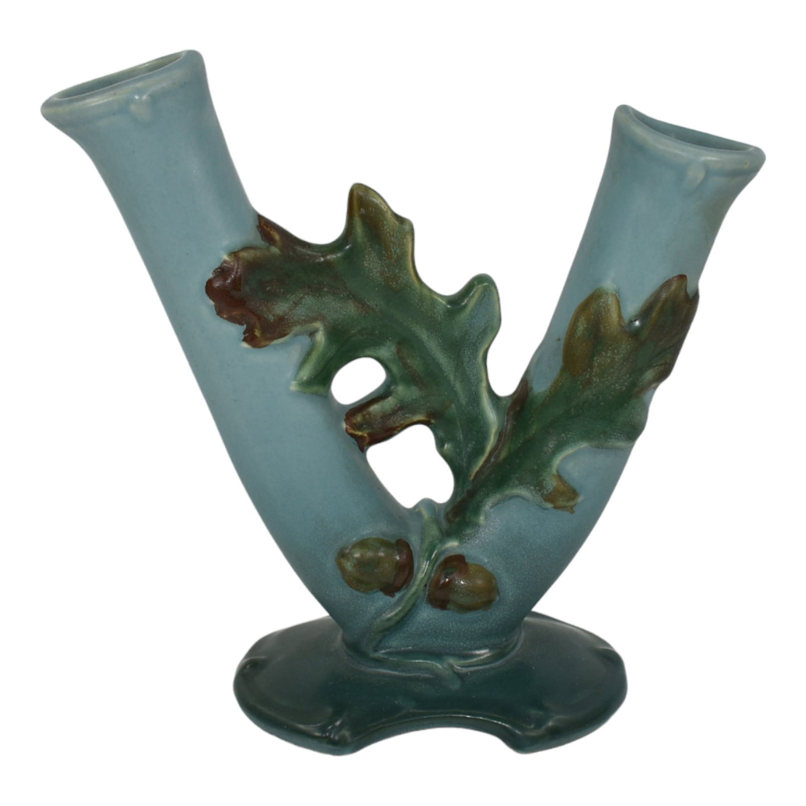 Weller Oak Leaf 1930s Vintage Art Deco Pottery Blue Ceramic Double Bud Vase: Professional, fast, and affordable in house shipping available for all items. For higher resolution images please visit bid.craftedauctions.com Weller Oak Leaf 1930s Vintage Art Deco Pottery Blue Cera
