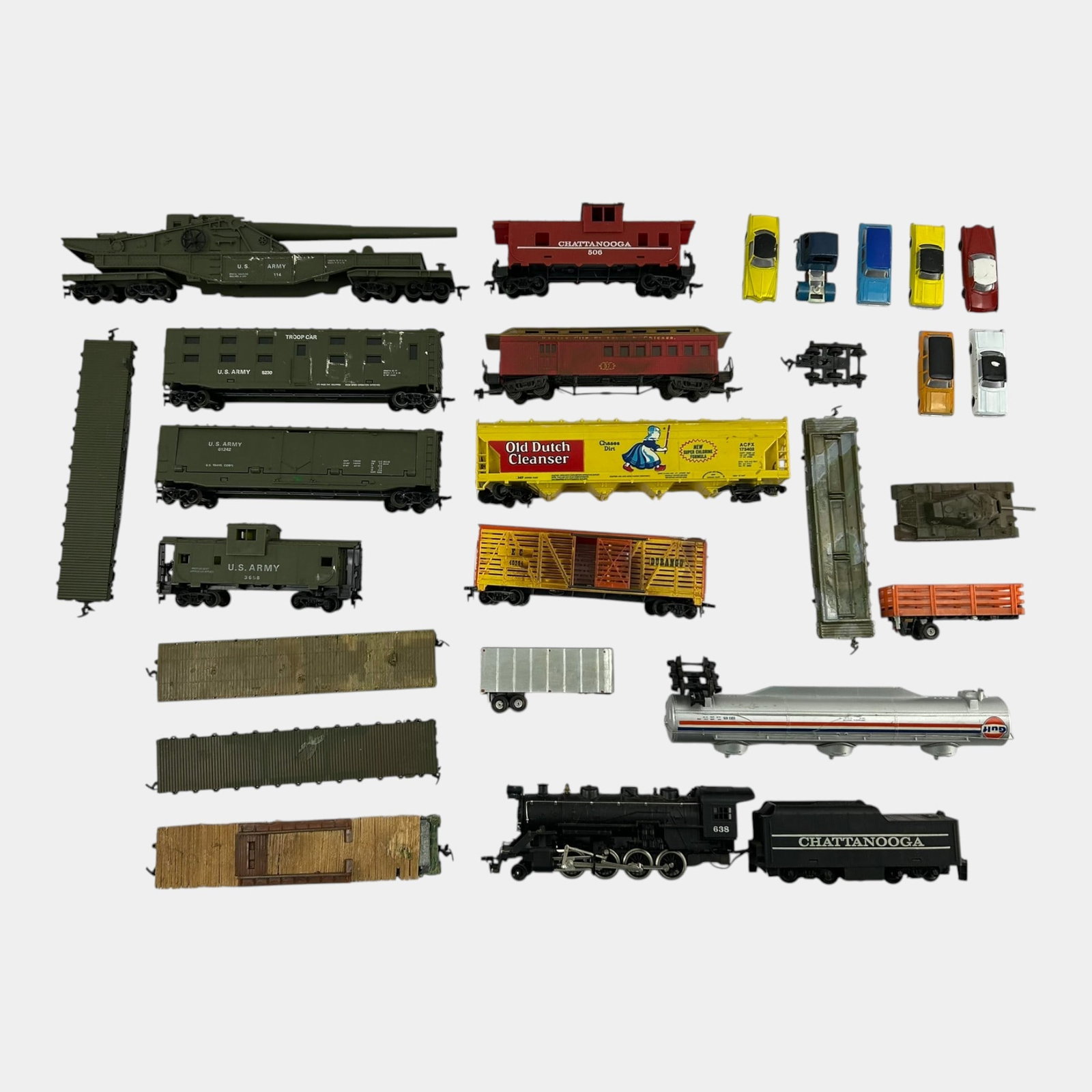 U.S. Army, Old Dutch Cleanser, & Other Plastic And Metal Toy Train Cars, Engines, & Toy Cars (1 of 1)