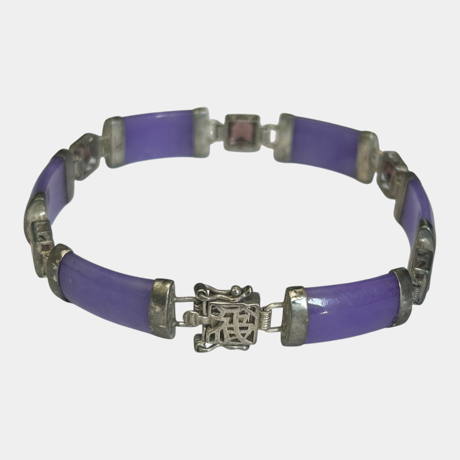 PCU Honolulu Contemporary Purple Jadeite & Sterling Silver Panel Link 7.5" Long Bracelet: Professional, fast, and affordable in house shipping available for all items. For higher resolution images please visit bid.craftedauctions.com PCU Honolulu Contemporary Purple Jadeite & Sterling Silv