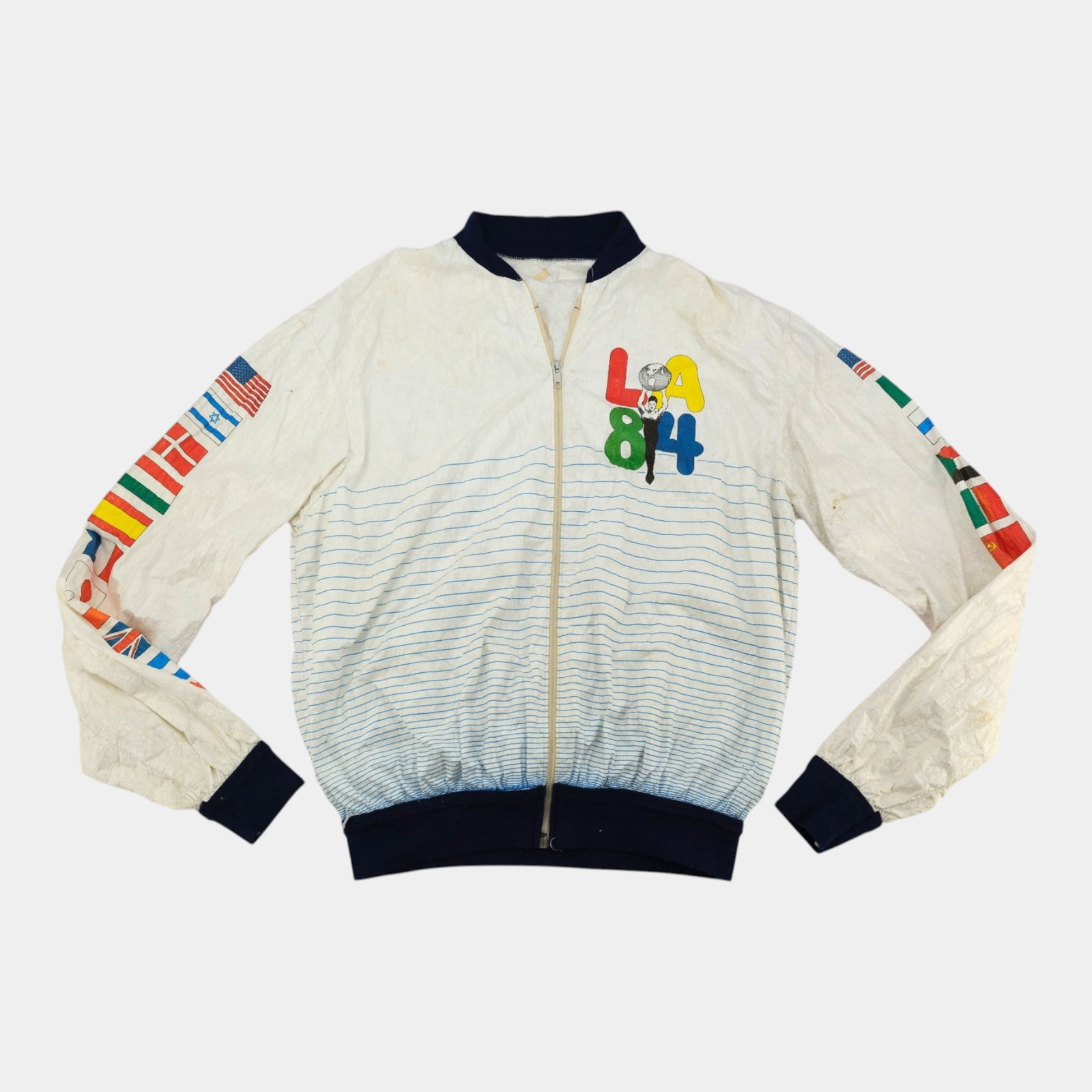 Spot Italy Summer 1984 Los Angeles Olympic Games White Blue Stripe Windbreaker Jacket (1 of 4)