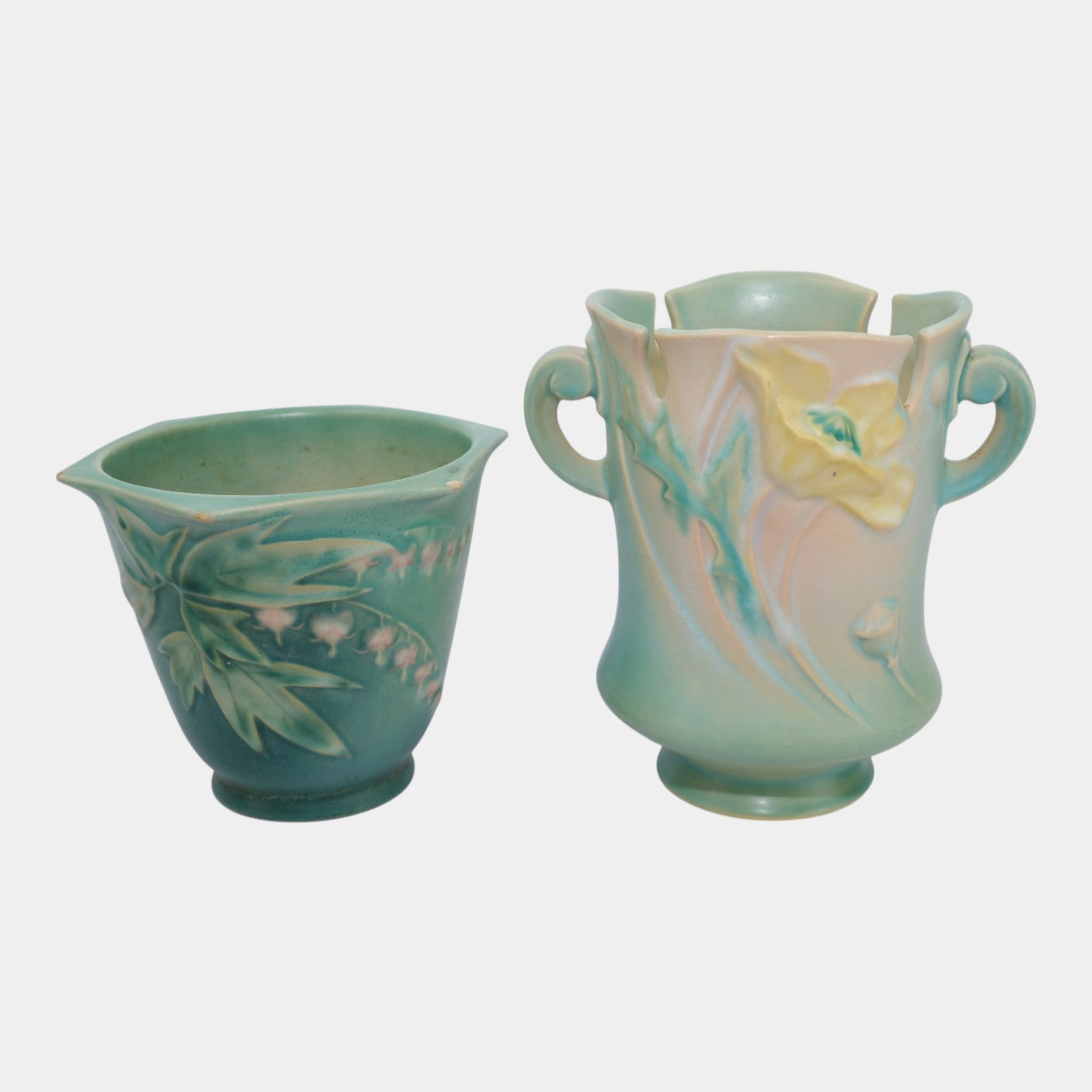 Roseville Art Pottery Green Bleeding Heart Jardiniere And Green Poppy Double Handled Vase (1 of 7)