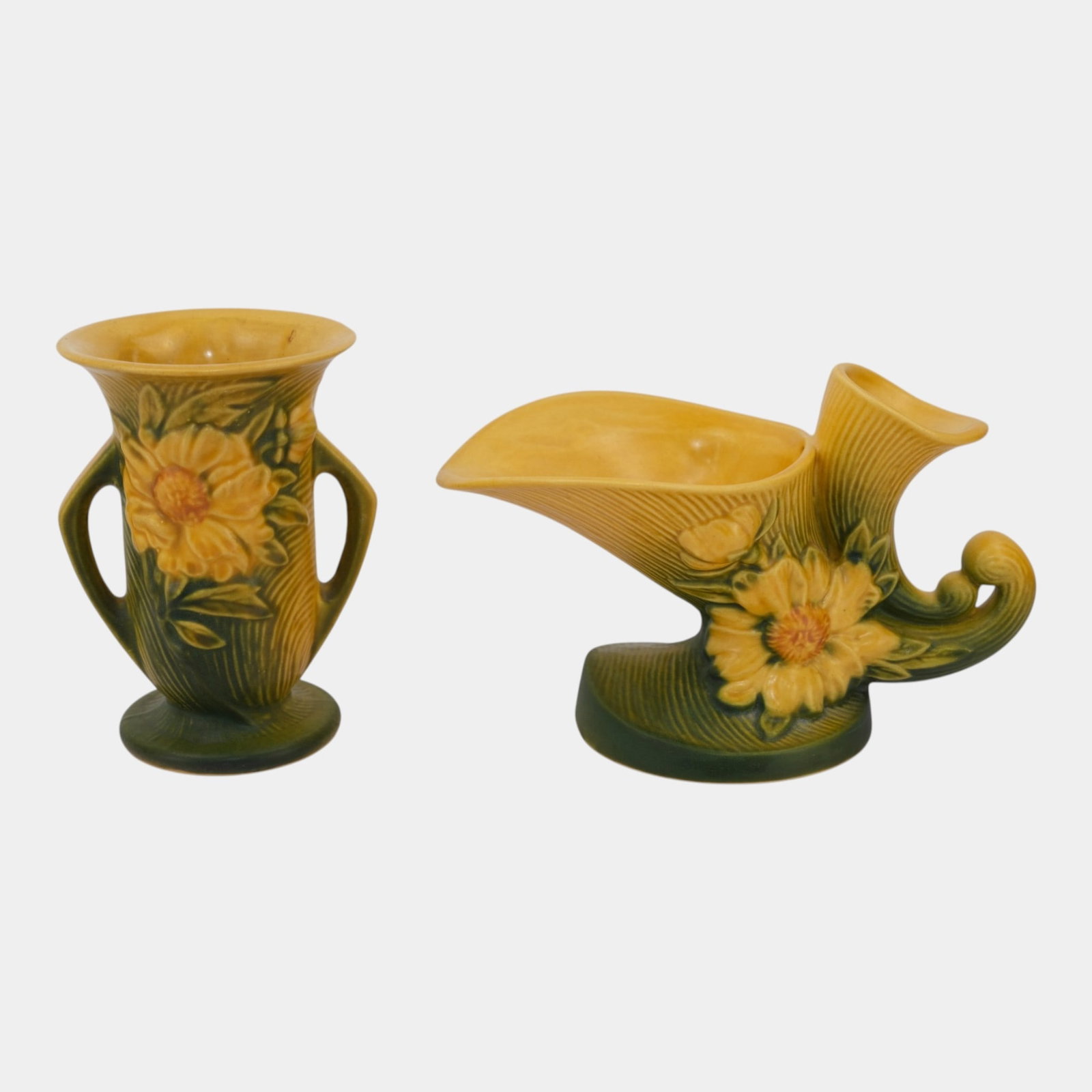 Roseville Peony Yellow 1942 Mid Century Modern Art Pottery Ceramic Cornucopia & Handled Vase (1 of 5)