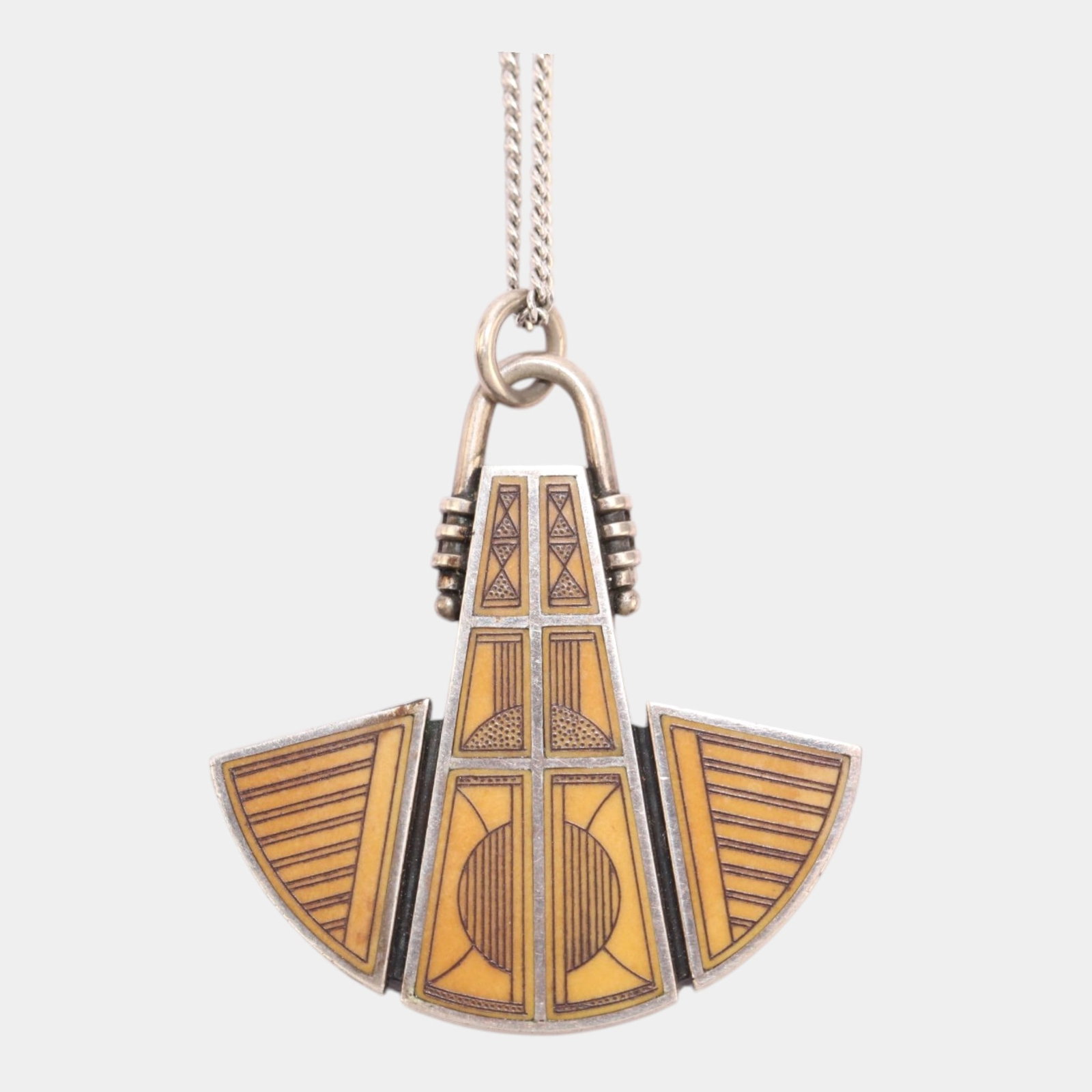 Sterling Silver Art Deco Egyptian Revival Geometric Pendant Necklace Jewelry: Professional, fast, and affordable in house shipping available for all items. For higher resolution images please visit bid.craftedauctions.com Boldly geometric and distinctly Egyptian Revival, this s