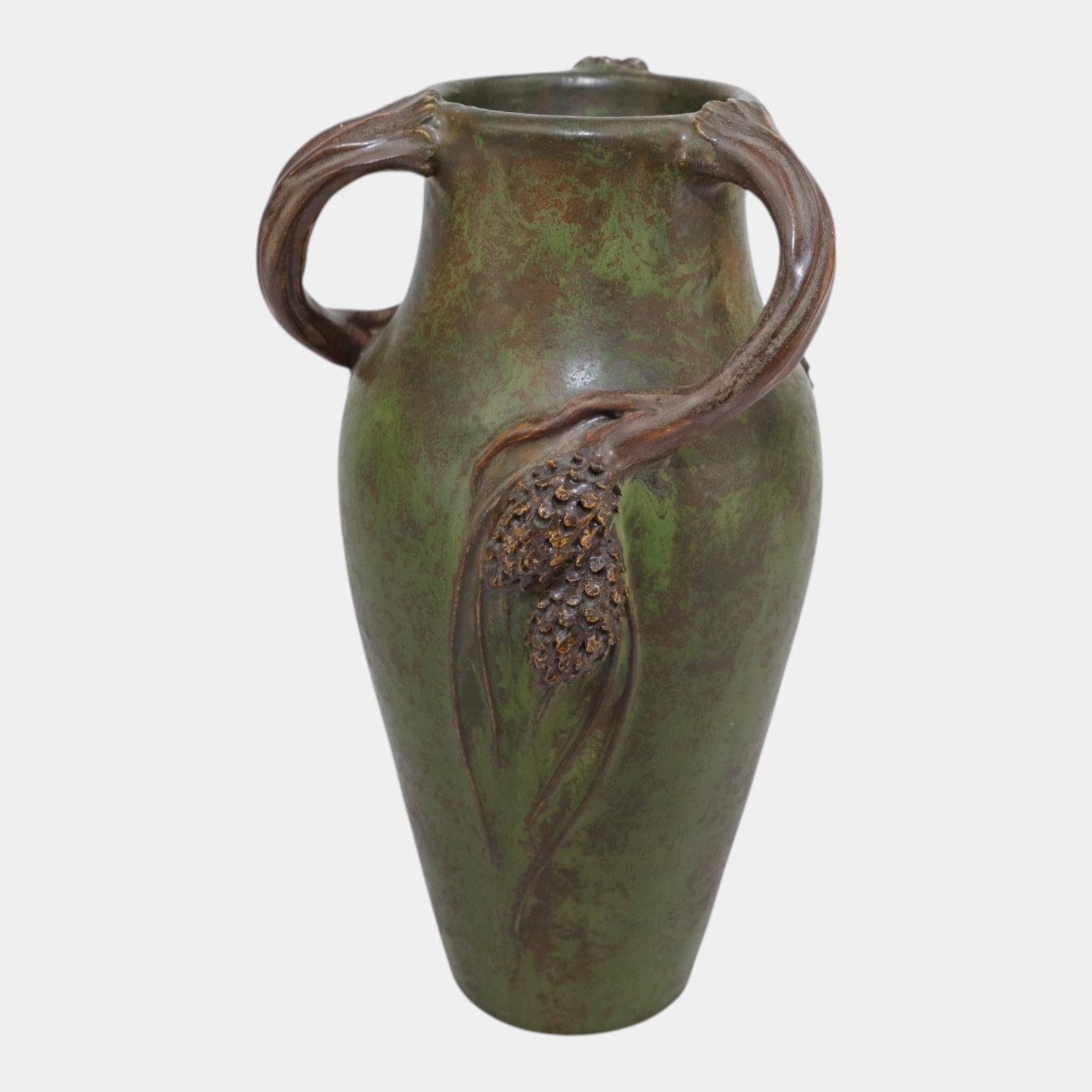 Ephraim Faience Experimental Hand Made Art Pottery Green Three Handled Pine Vase (1 of 7)