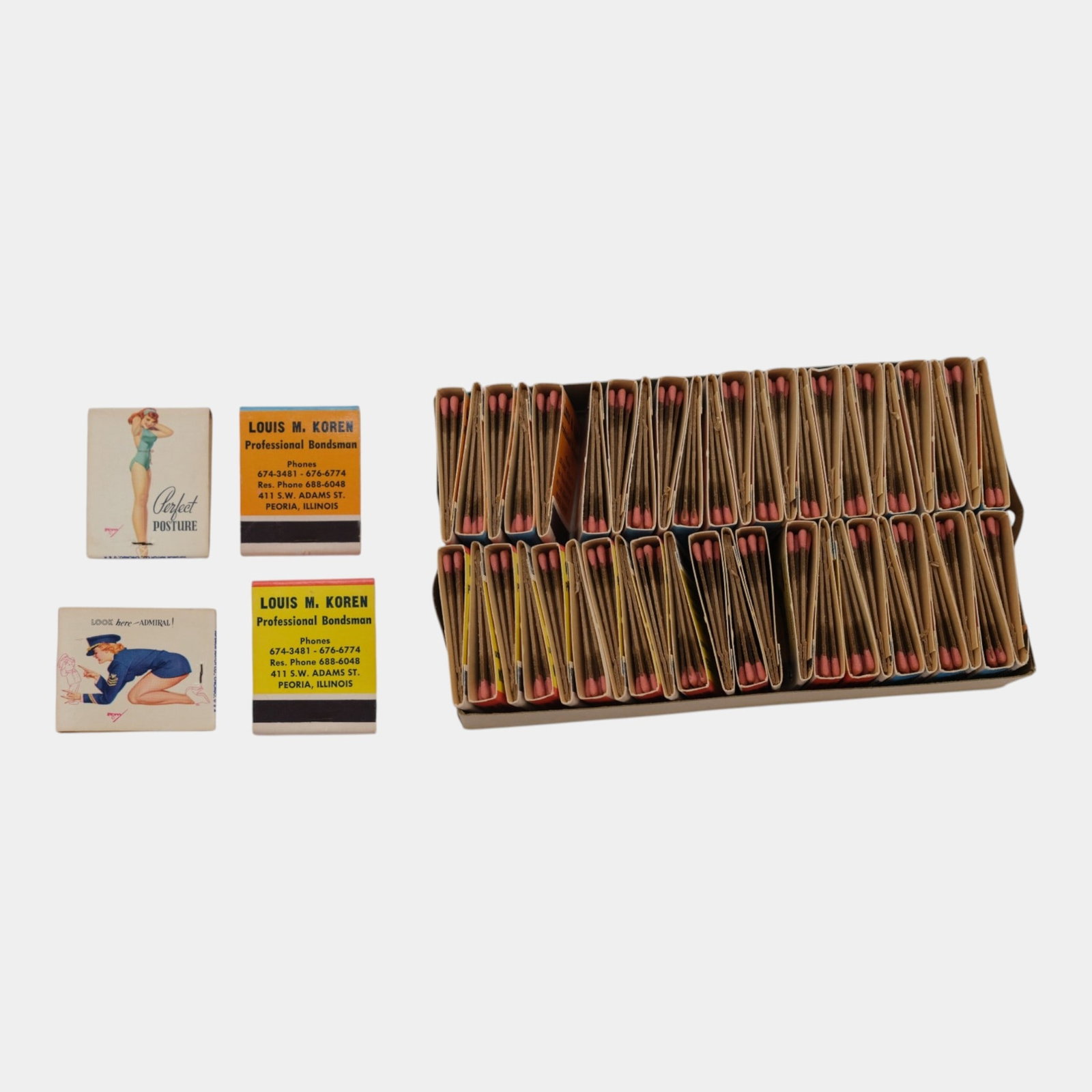 Mid 20th Century Pin-Up Model Advertising Peoria Illinois Matchbooks Flat Of 50: Professional, fast, and affordable in house shipping available for all items. For higher resolution images please visit bid.craftedauctions.com Mid 20th Century Pin-Up Model Advertising Peoria Illinoi