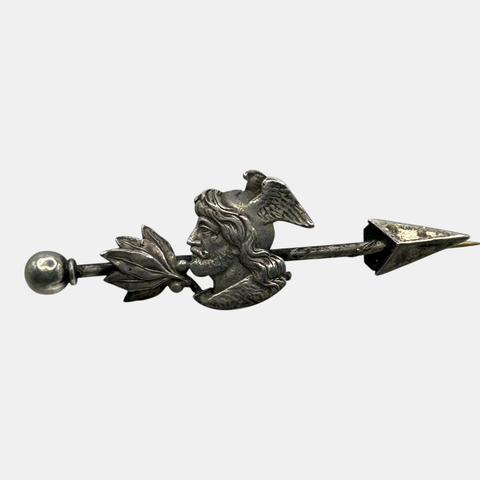 Sterling Silver Figural Mercury Hermes Side Profile Arrow Brooch With Winged Helmet: Professional, fast, and affordable in house shipping available for all items. For higher resolution images please visit bid.craftedauctions.com Excellent condition. Age related wear. Marked Sterling a