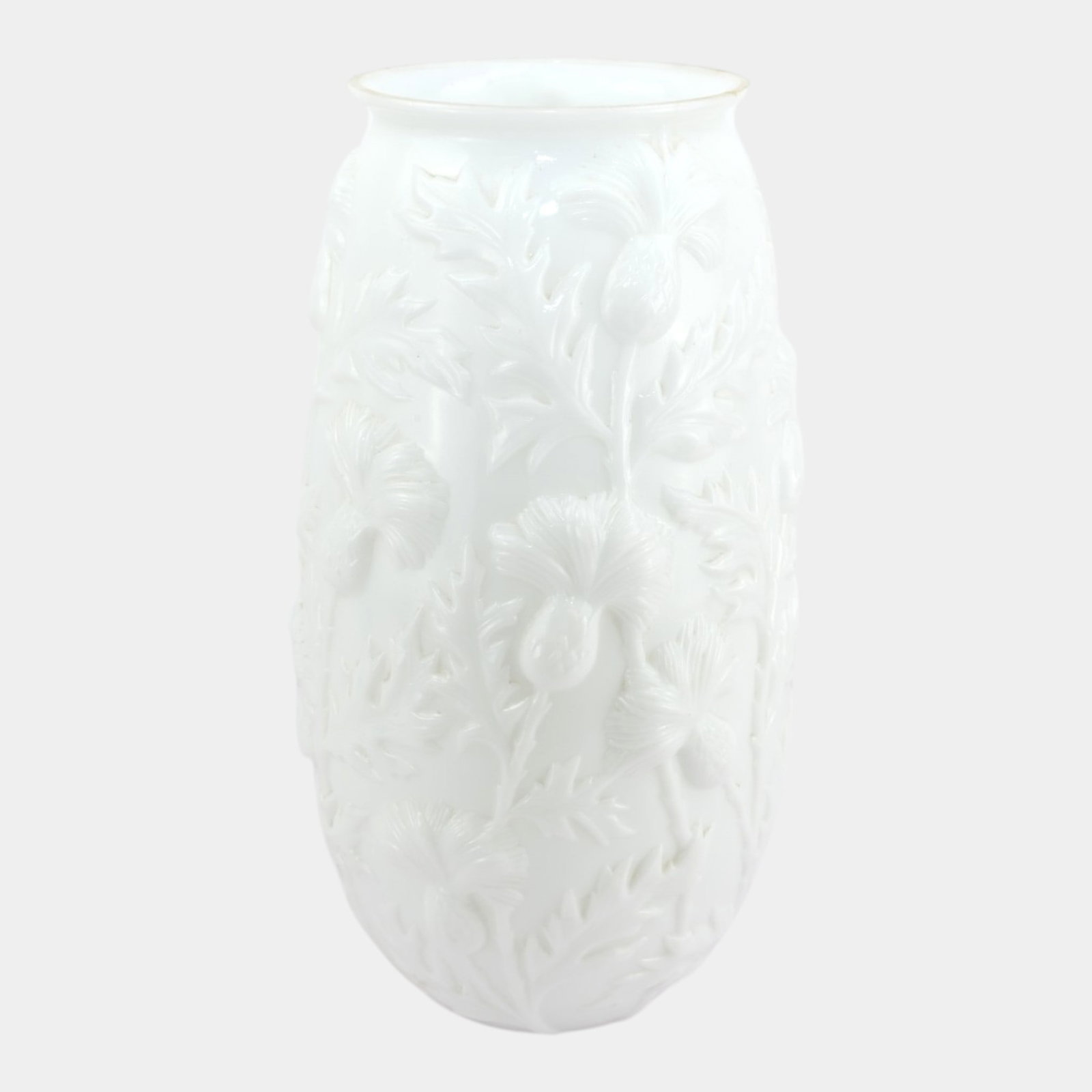 Phoenix Consolidated Milk Glass Thistle In Relief Decoration 17" Tall Umbrella Stand Floor Vase: Professional, fast, and affordable in house shipping available for all items. For higher resolution images please visit bid.craftedauctions.com Phoenix Consolidated Milk Glass Thistle In Relief Decora