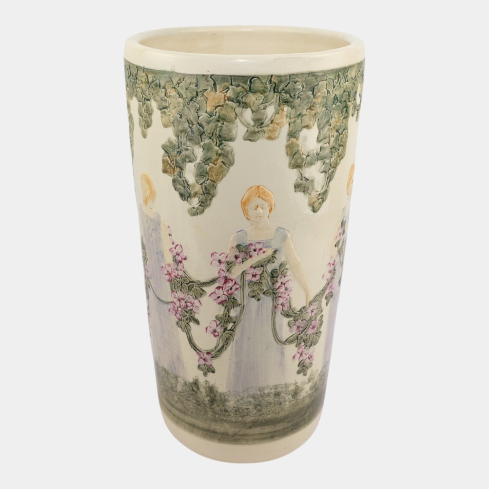 Weller Flemish Woman With Flowers White Umbrella Stand: Professional, fast, and affordable in house shipping available for all items. For higher resolution images please visit bid.craftedauctions.com Weller Flemish Woman With Flowers White Umbrella Stand L