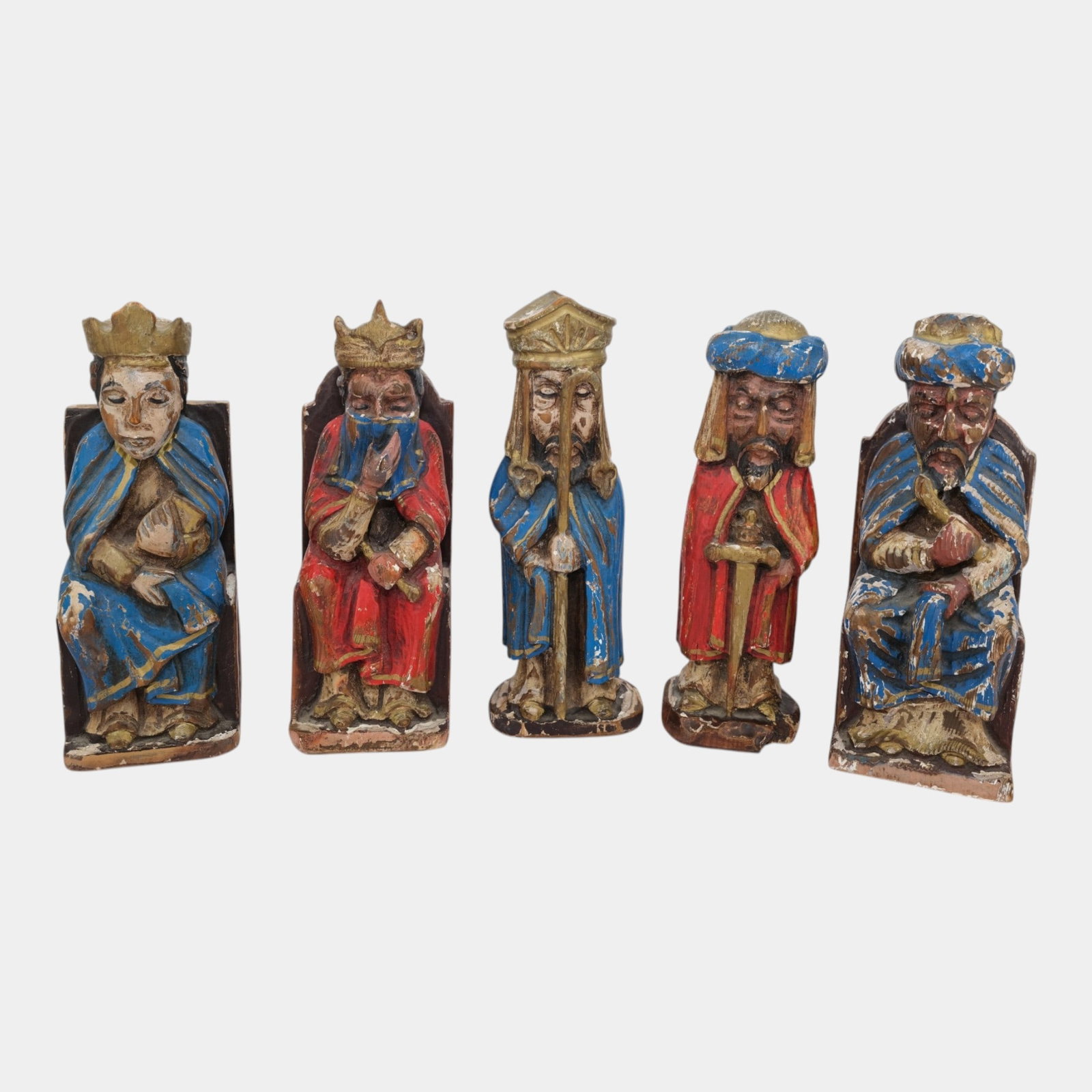 Polychrome Carved Wood Nativity Figures Three Wise Men And Holy Family Set (1 of 3)