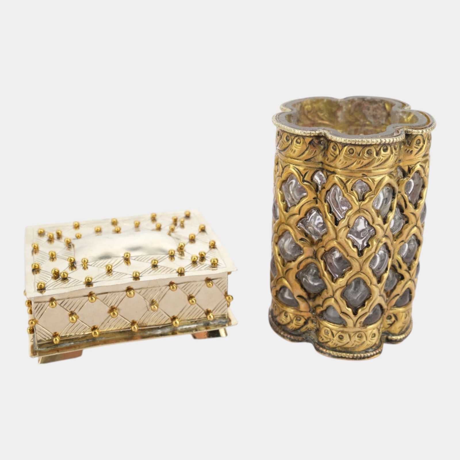 Vintage Ornate Gilt Metal Jewelry Casket And Openwork Glass Cased Desk Vase Decorative Pair: Professional, fast, and affordable in house shipping available for all items. For higher resolution images please visit bid.craftedauctions.com Vintage Ornate Gilt Metal Jewelry Casket And Openwork Gl
