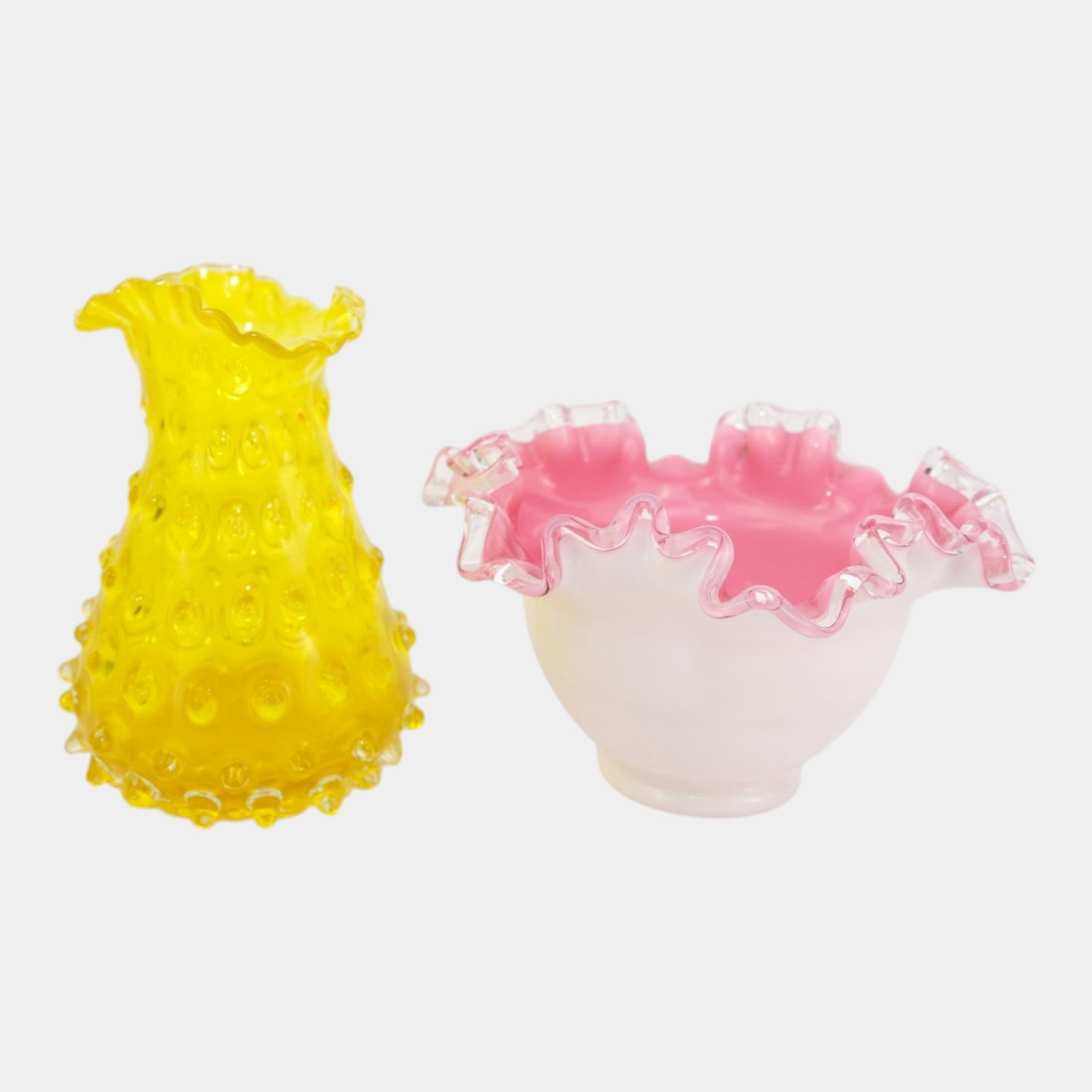 Toscony Zena Empoli Canary Yellow Spiked Hobnail Vase & Fenton Peach Crest Ruffle Rim Bowl: Professional, fast, and affordable in house shipping available for all items. For higher resolution images please visit bid.craftedauctions.com Toscony Zena Empoli Canary Yellow Spiked Hobnail Vase & 