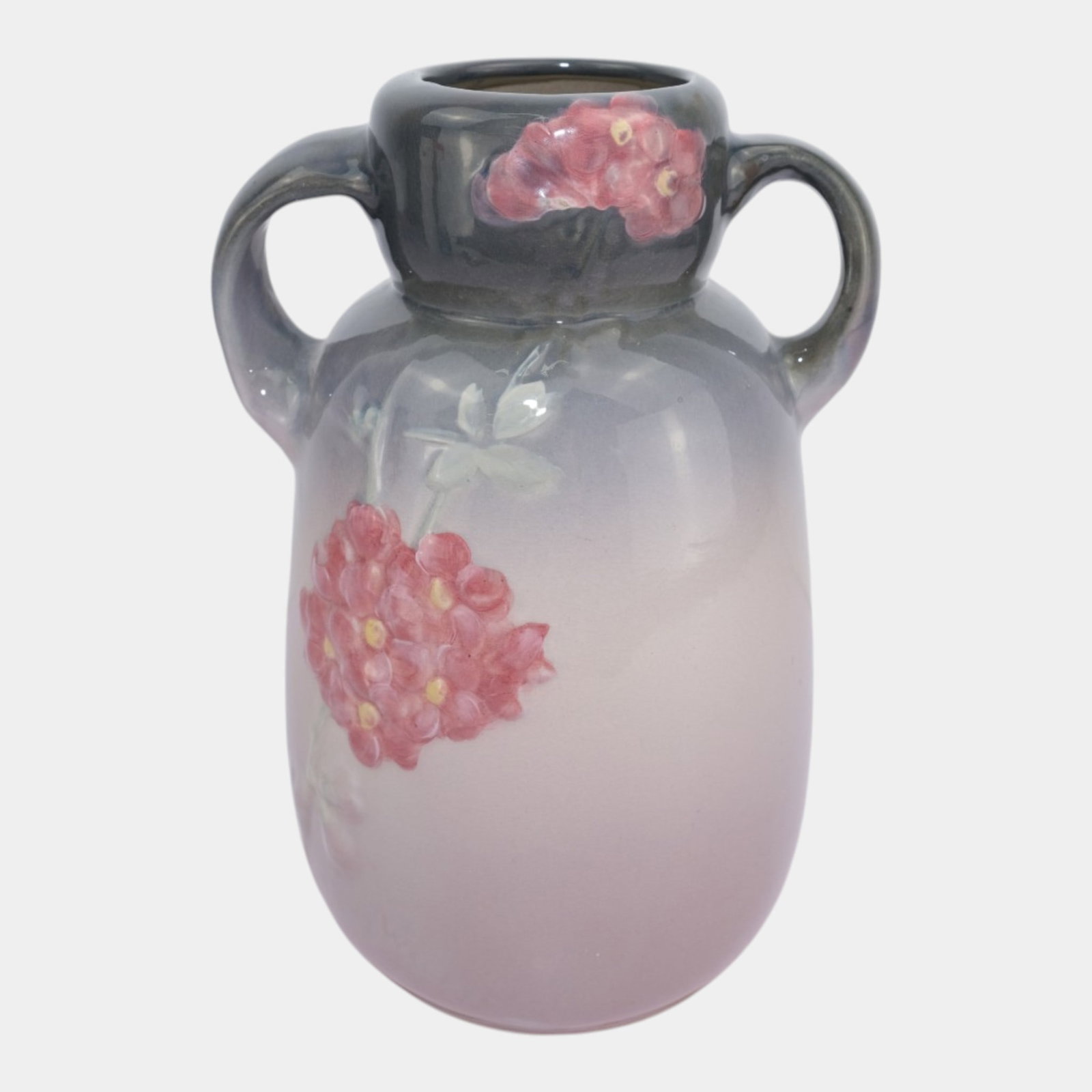 Weller Etna Vintage Art Pottery Floral Large Handled Vase: Professional, fast, and affordable in house shipping available for all items. For higher resolution images please visit bid.craftedauctions.com Weller Etna Vintage Art Pottery Floral Large Handled Vas