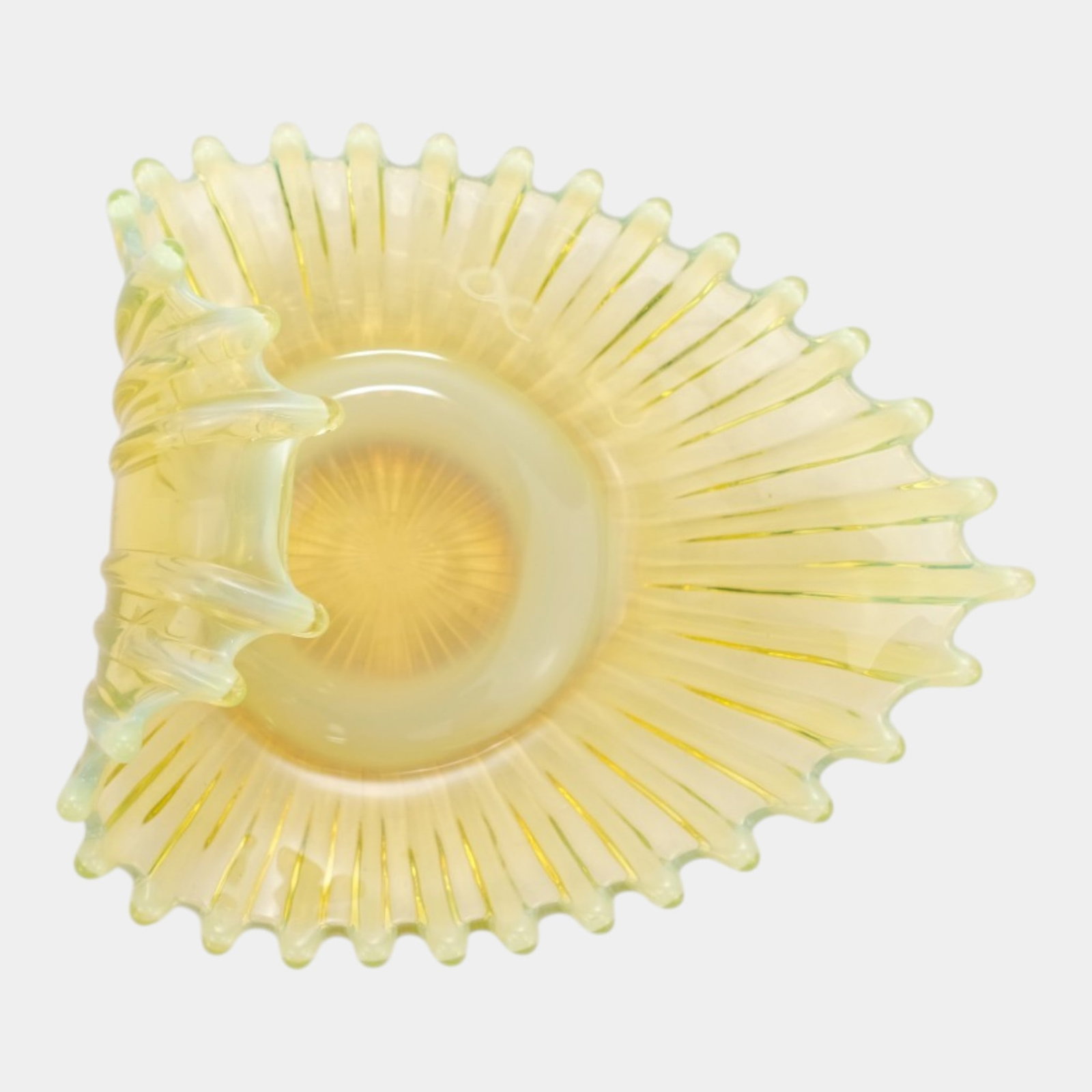 Fostoria Heirloom Vaseline Opalescent Yellow Handgrip Bon Bon Candy Dish Uranium Glass: Professional, fast, and affordable in house shipping available for all items. For higher resolution images please visit bid.craftedauctions.com Fostoria Heirloom Vaseline Opalescent Yellow Handgrip Bo