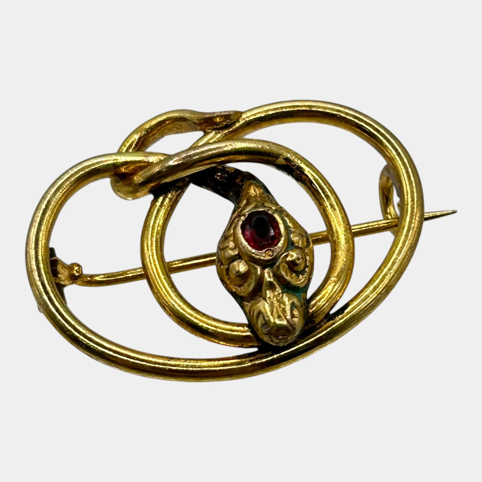 Art Nouveau Gold Plated Red Stone Cabochon Double Serpent Brooch Intertwined Snake Design Pin: Professional, fast, and affordable in house shipping available for all items. For higher resolution images please visit bid.craftedauctions.com Excellent condition. Age related wear. Item is 1.1" wide
