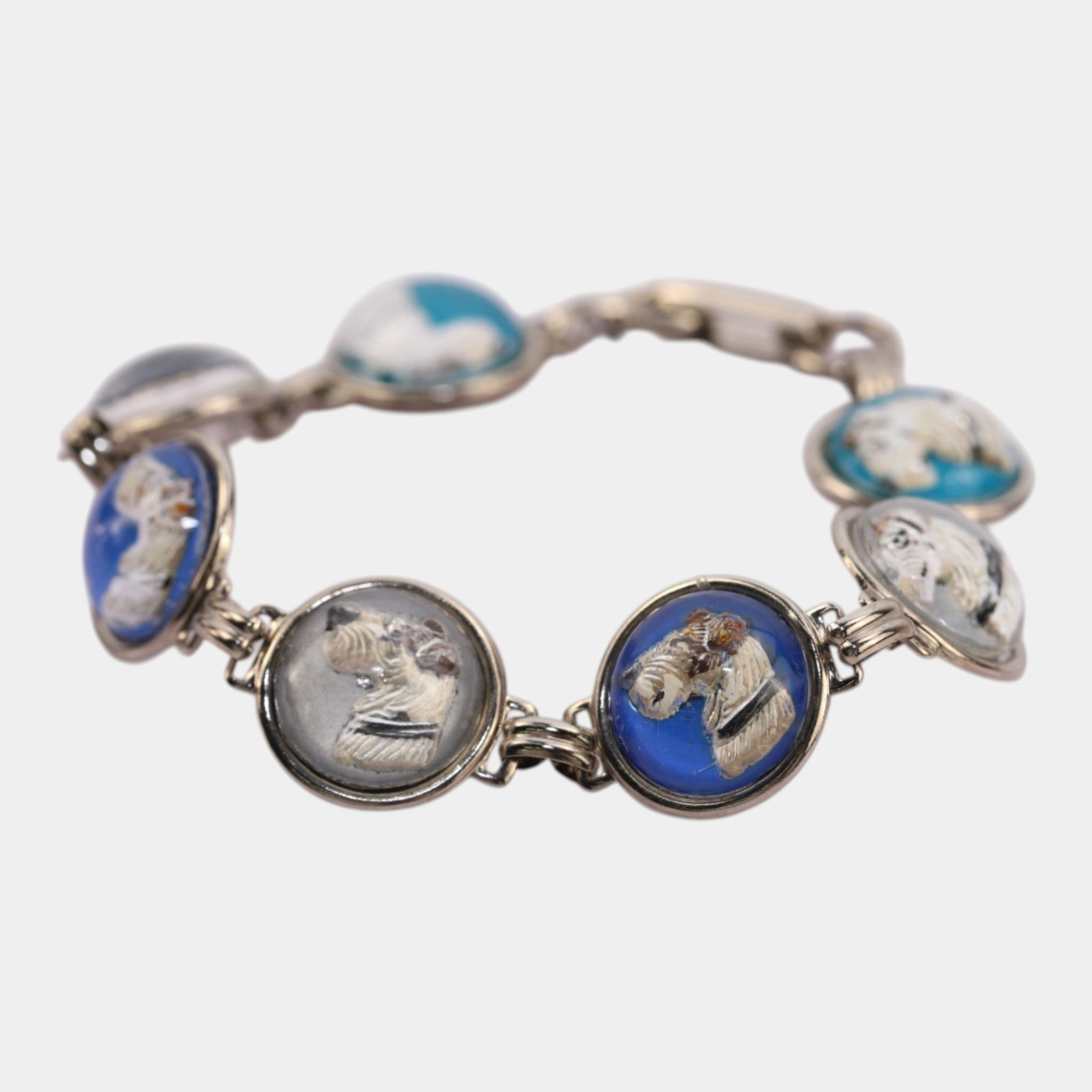 Sterling Silver Reverse Intaglio Dog Portrait Glass Cabochon Link Bracelet Canine Jewelry: Professional, fast, and affordable in house shipping available for all items. For higher resolution images please visit bid.craftedauctions.com Excellent condition. Age related wear. Tested and guaran