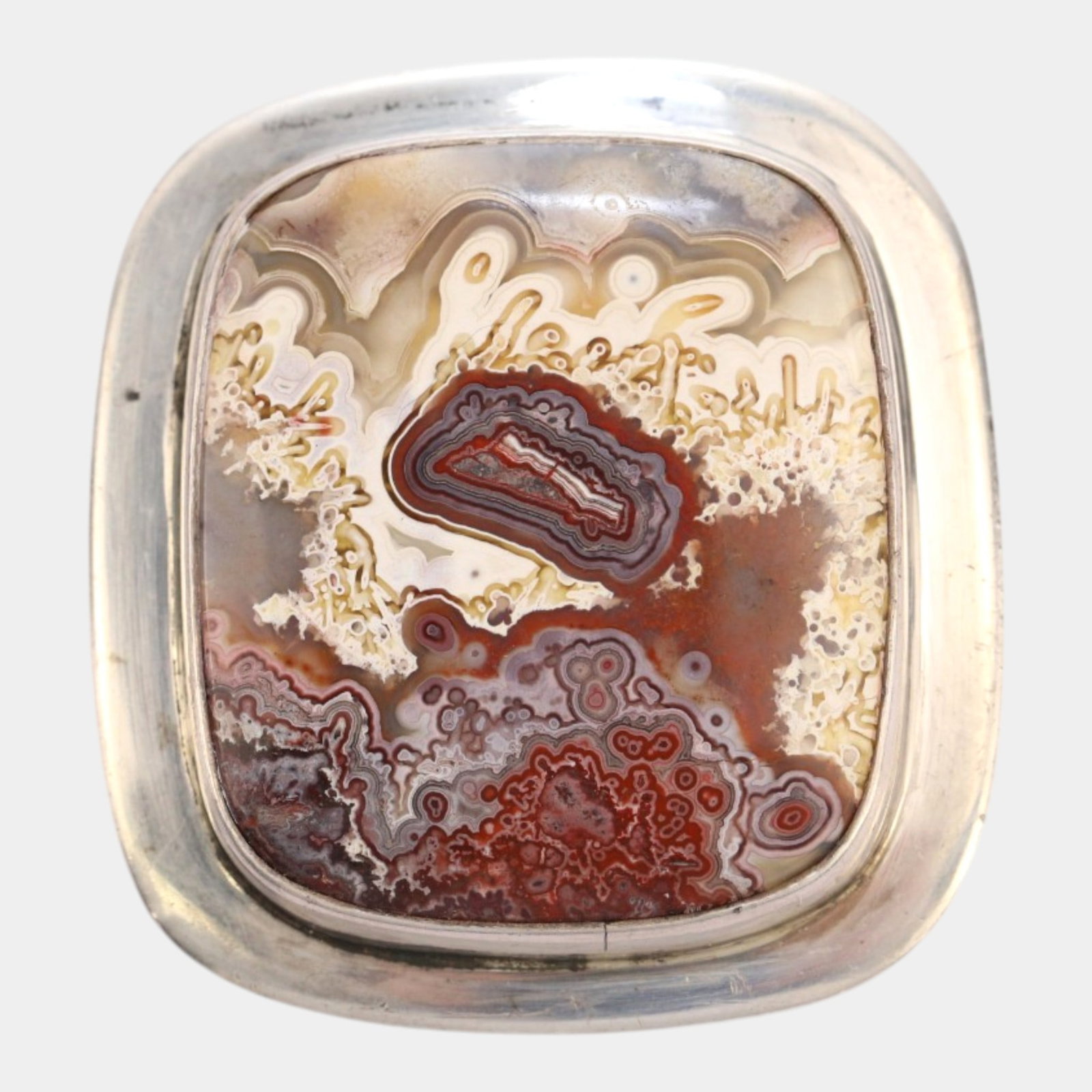 Sterling Silver Jasper Cabochon Belt Buckle With Large Polished Natural Stone Center Artist Stamped: Professional, fast, and affordable in house shipping available for all items. For higher resolution images please visit bid.craftedauctions.com Excellent condition. Age related wear. Marked as shown. 