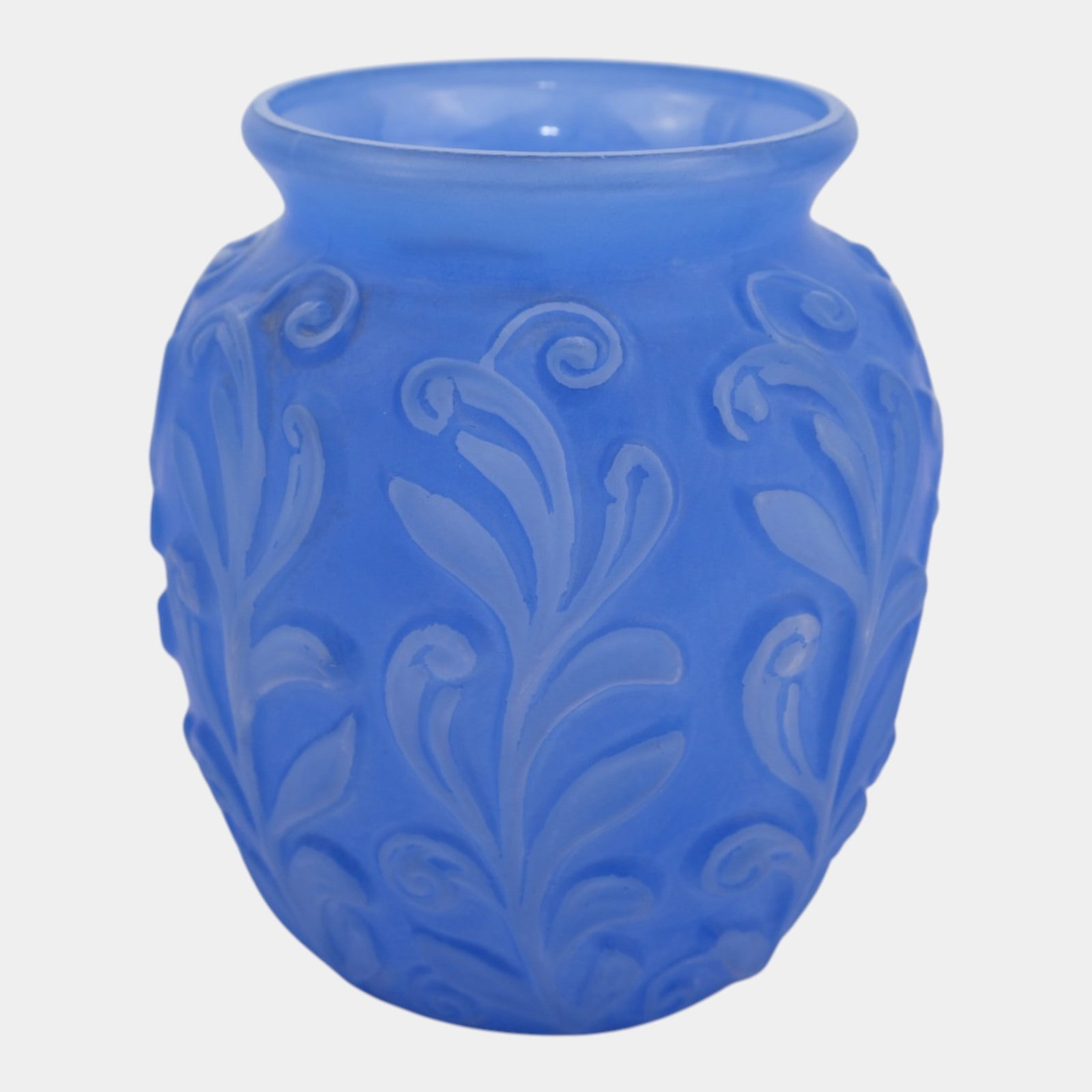 Phoenix Consolidated Blue Fern Scroll Fiddlehead In Relief Art Glass Vase: Professional, fast, and affordable in house shipping available for all items. For higher resolution images please visit bid.craftedauctions.com Phoenix Consolidated Blue Fern Scroll Fiddlehead In Reli