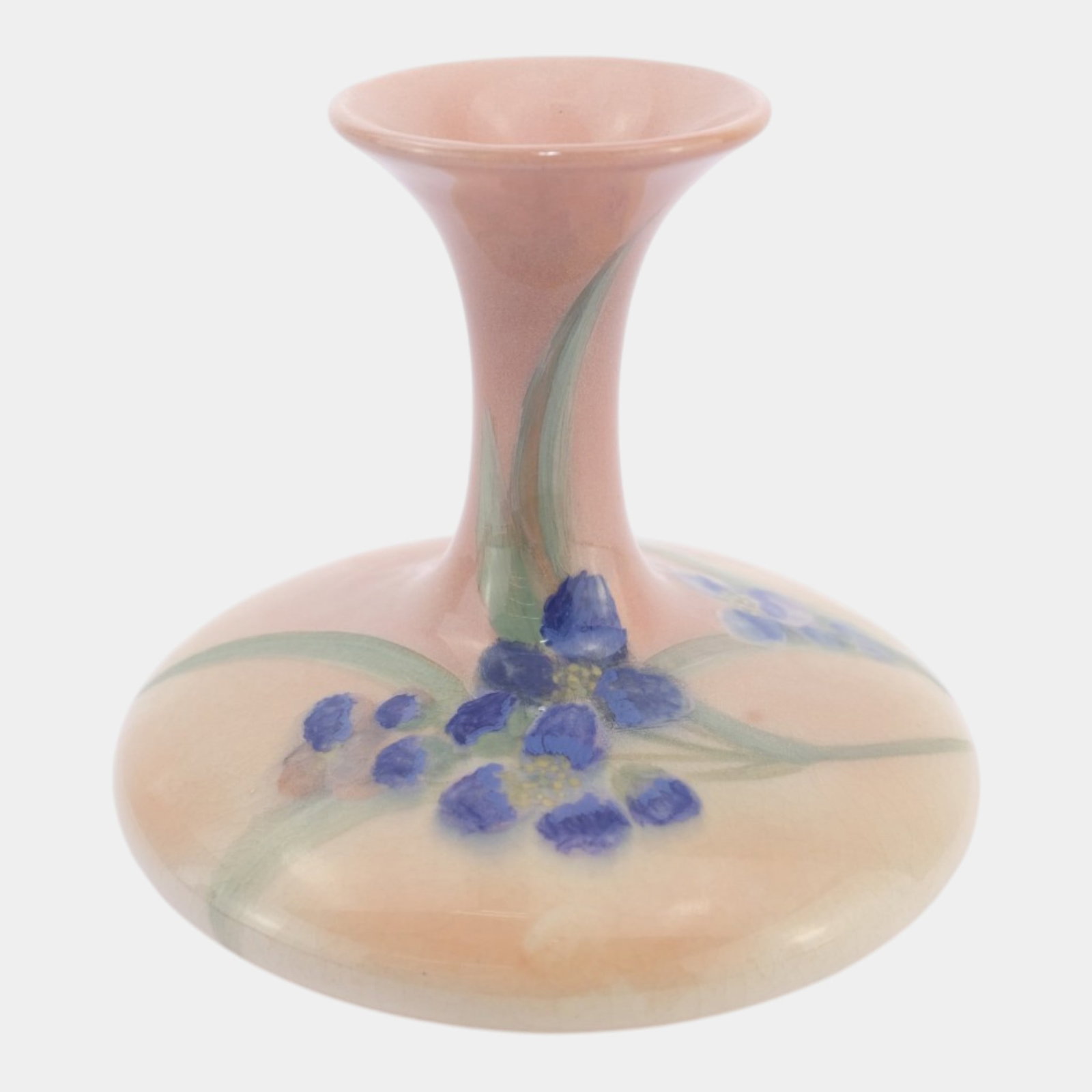 Rookwood 1901 Art Pottery Pink Iris Glaze Blue Floral Decorated Bud Vase 715DD Constance Baker: Professional, fast, and affordable in house shipping available for all items. For higher resolution images please visit bid.craftedauctions.com Rookwood 1901 Art Pottery Pink Iris Glaze Blue Floral De