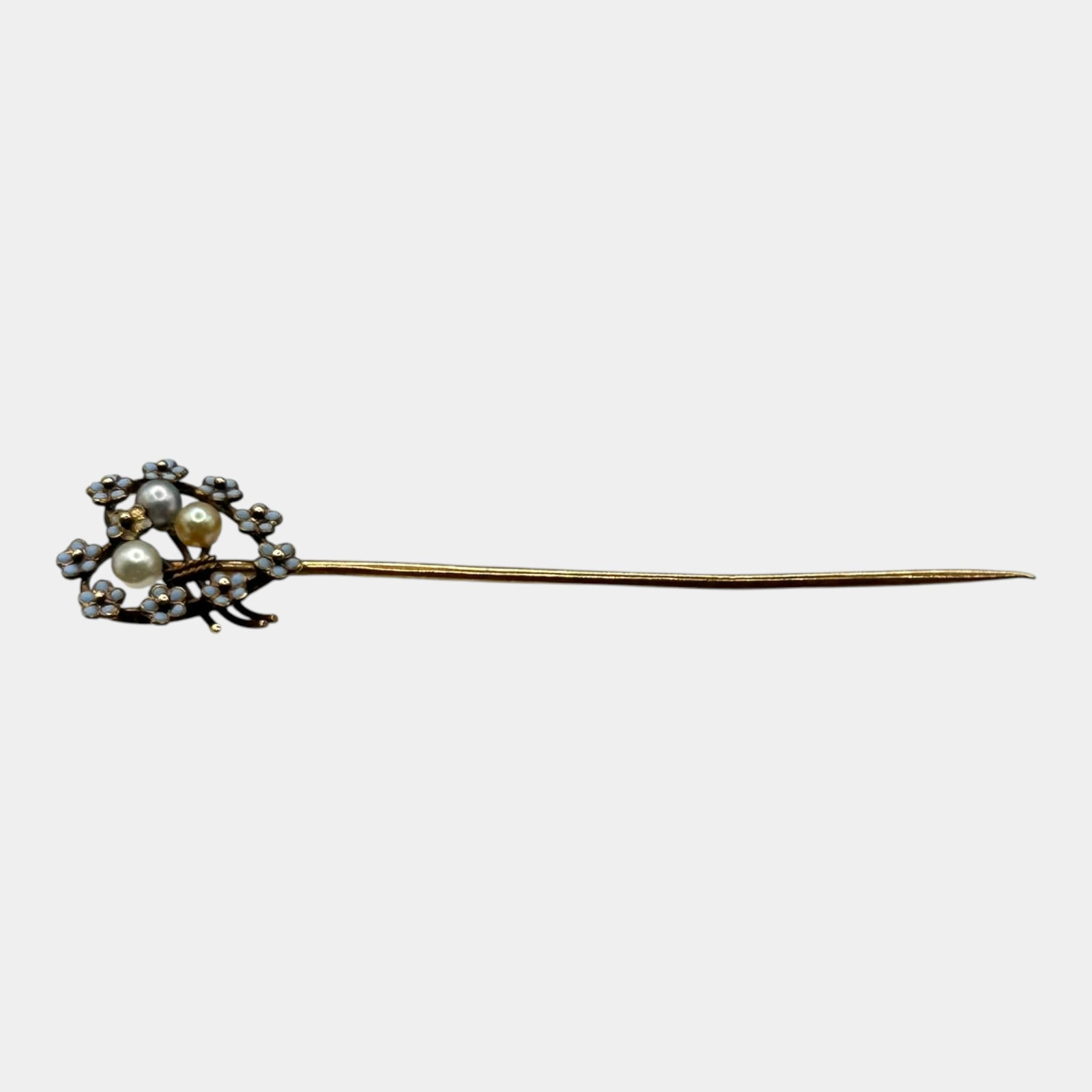 14K Gold Seed Pearl & Enamel Floral Bouquet Stick Pin Victorian Estate Jewelry: Professional, fast, and affordable in house shipping available for all items. For higher resolution images please visit bid.craftedauctions.com Excellent condition. Age related wear. Some enameling on