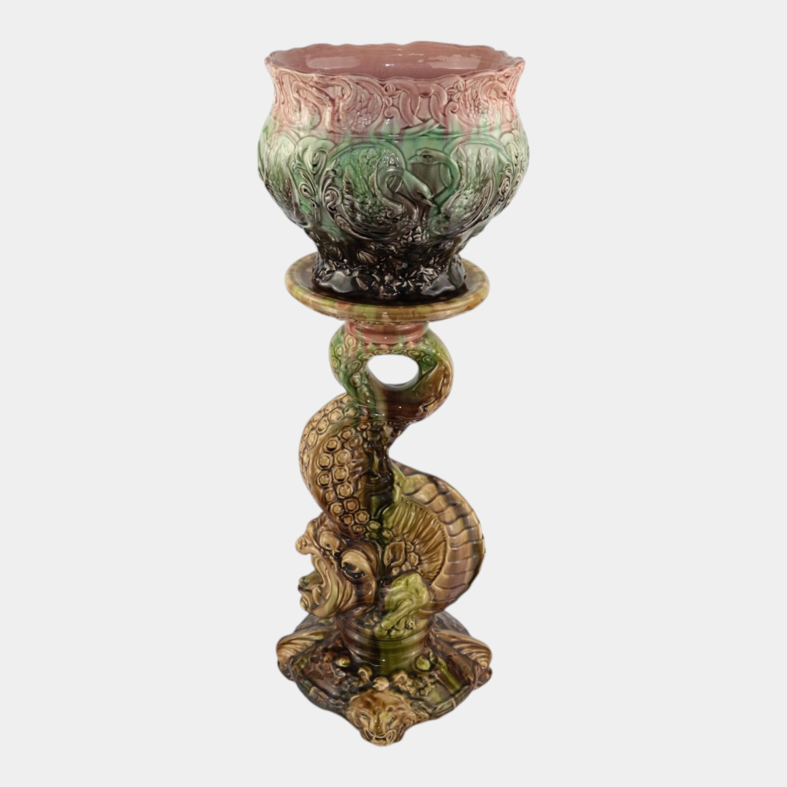 Weller Majolica 1900s Art Nouveau Pottery Sea Serpent Plant Stand Pedestal With Weller Jardiniere: Professional, fast, and affordable in house shipping available for all items. For higher resolution images please visit bid.craftedauctions.com Weller Majolica 1900s Art Nouveau Pottery Sea Serpent Pl