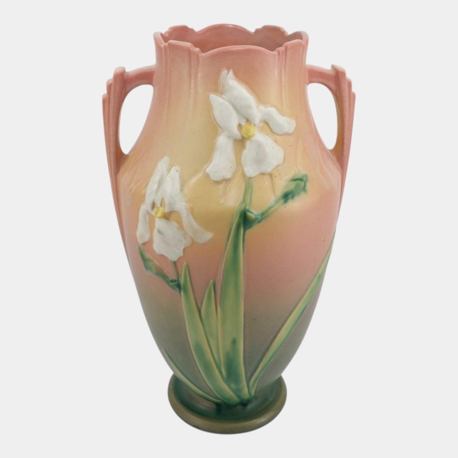 Roseville Iris Pink 1939 Vintage Art Pottery Ceramic Floor Vase 929-15: Professional, fast, and affordable in house shipping available for all items. For higher resolution images please visit bid.craftedauctions.com Roseville Iris Pink 1939 Vintage Art Pottery Ceramic Flo