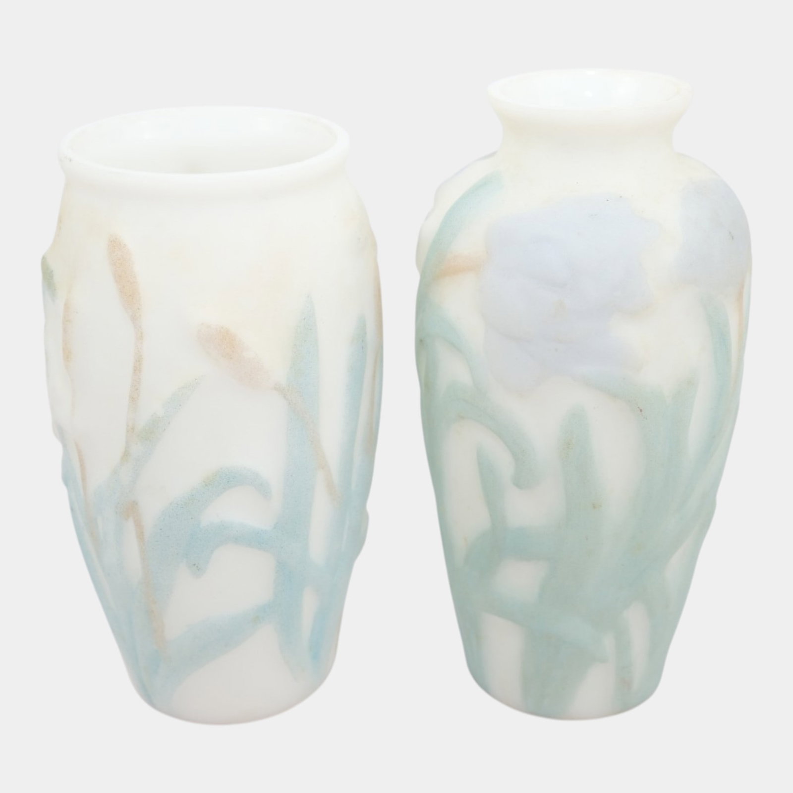 Consolidated Glass Co. Early 1900s Two Colored Satin Bisque Jonquil & Cattail Dragonfly Vases: Professional, fast, and affordable in house shipping available for all items. For higher resolution images please visit bid.craftedauctions.com Consolidated Glass Co. Early 1900s Two Colored Satin Bis