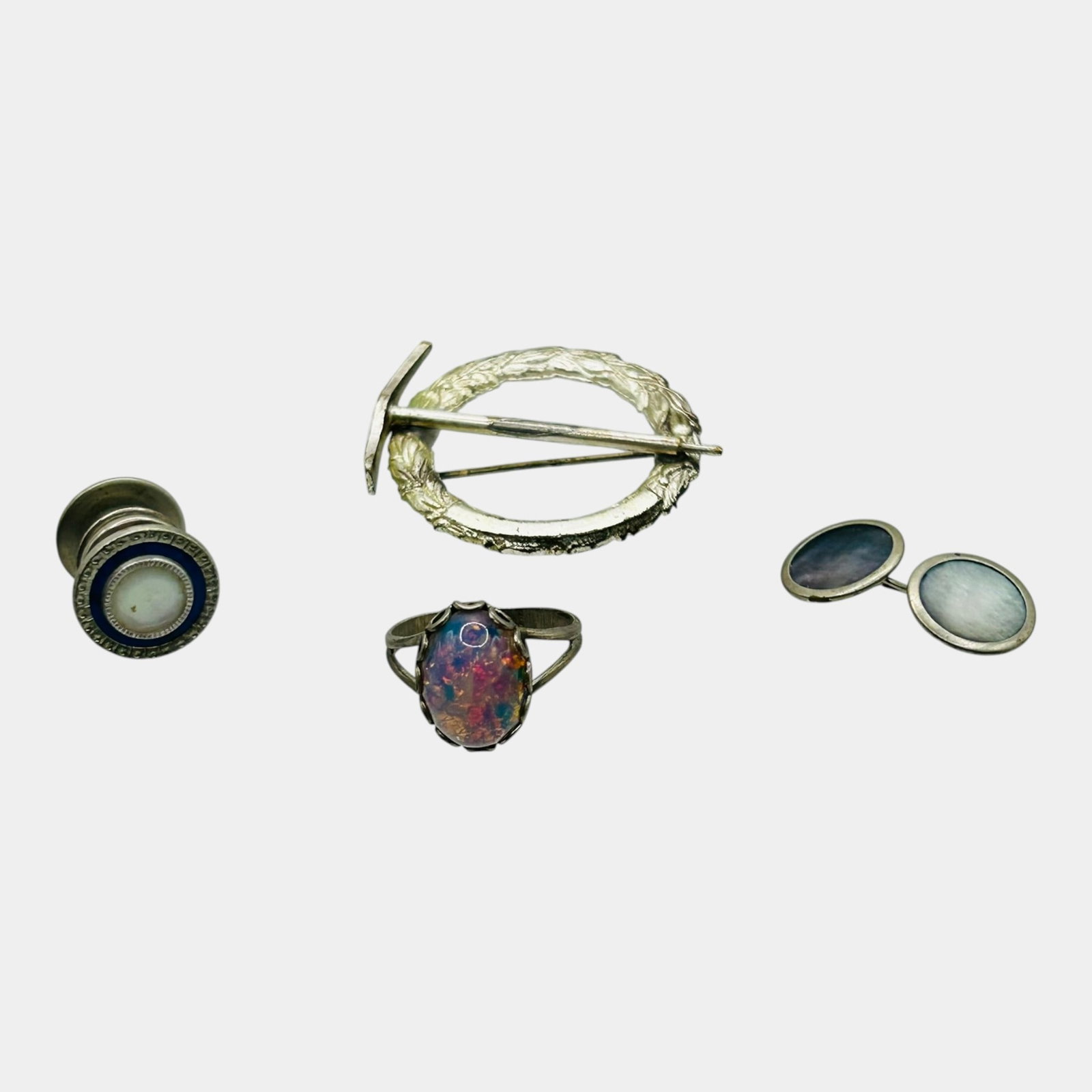 Vintage Costume Jewelry C Clasp Pickaxe Brooch, Cufflinks, And Opalescent Glass Ring Grouping (1 of 3)
