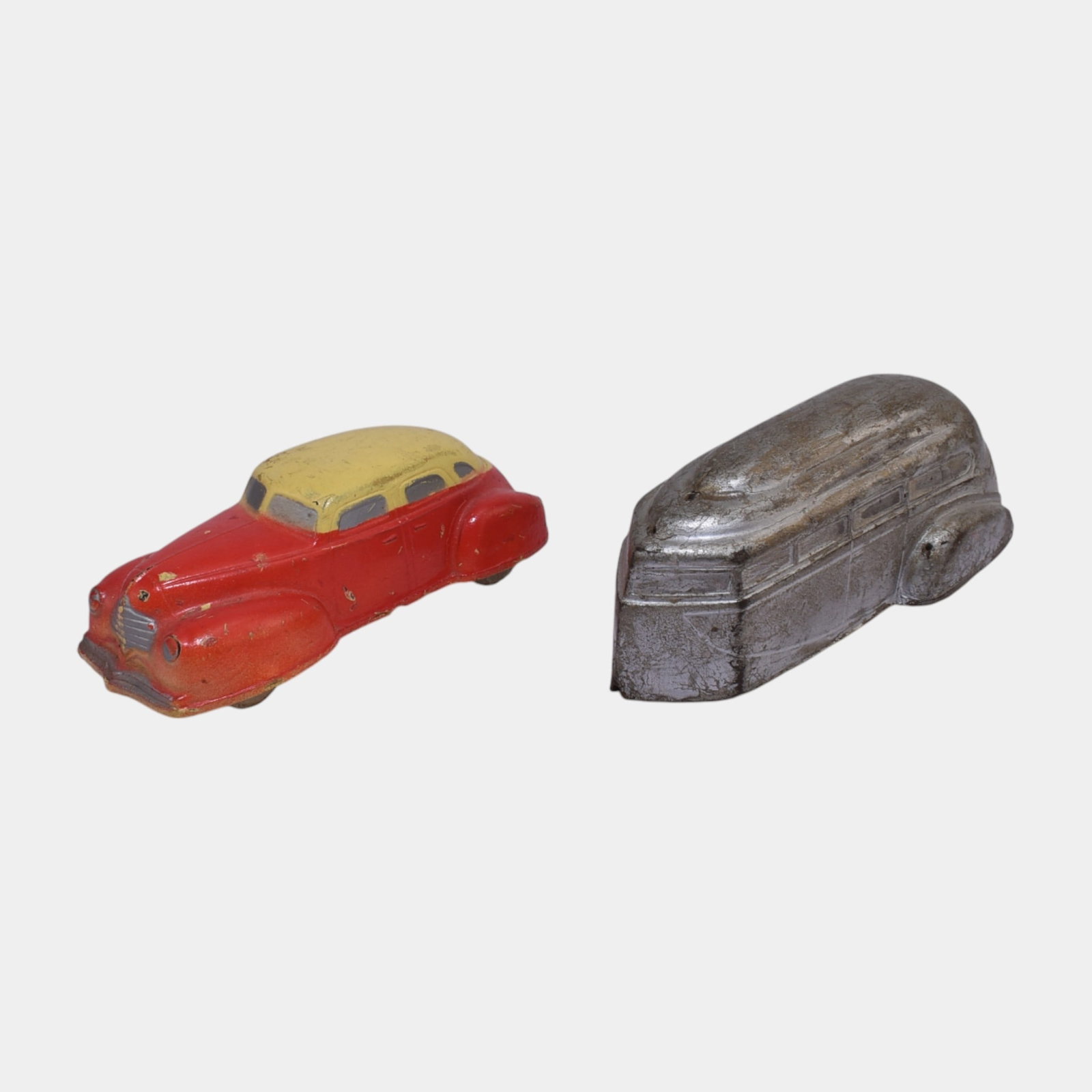 Sun Rubber USA Art Deco Molded Rubber Red Toy Sedan and Silver Trailer: Professional, fast, and affordable in house shipping available for all items. For higher resolution images please visit bid.craftedauctions.com Sun Rubber USA Art Deco Molded Rubber Red Toy Sedan and 