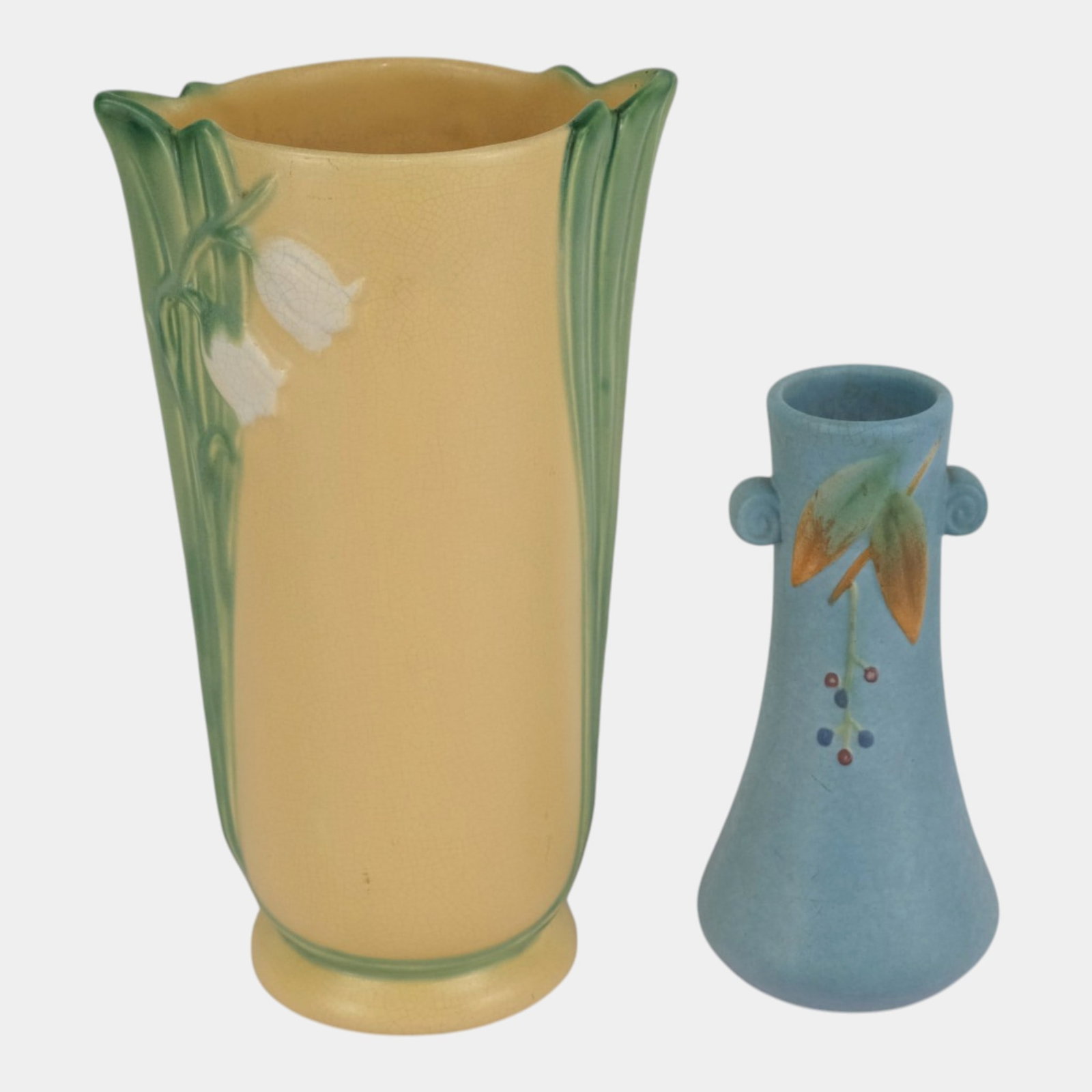 Weller Art Pottery 1933 Blue Cornish Vase And Yellow Green Art Deco Bouquet Lily Of the Valley Vase (1 of 4)