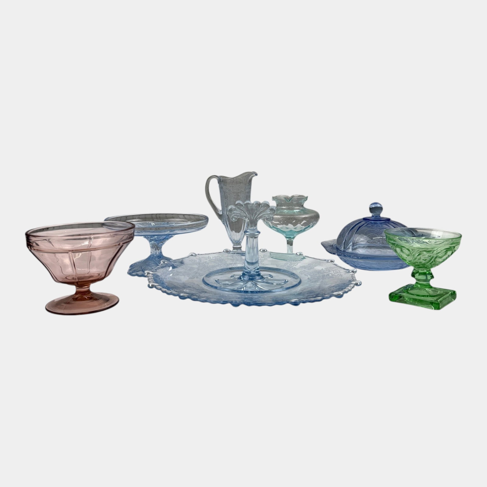 Paden City Glass Co 1930s Art Deco "Gazebo" Handled Server, Heisey Green Ipwich, & Other Colored: Professional, fast, and affordable in house shipping available for all items. For higher resolution images please visit bid.craftedauctions.com Paden City Glass Co 1930s Art Deco "Gazebo" Handled Serv