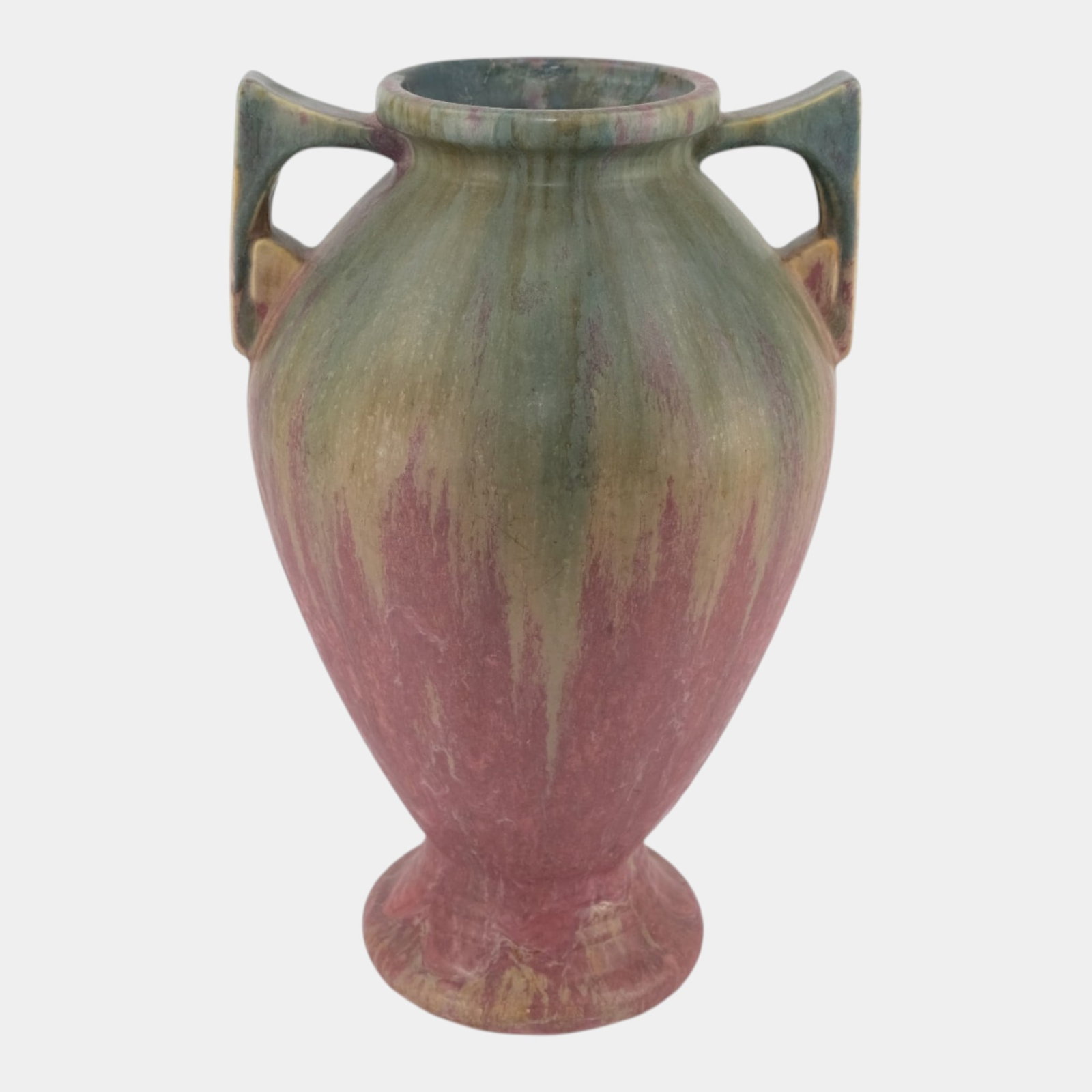 Roseville Carnelian II Mottled Red 1926 Arts And Crafts Art Pottery Handled Floor Vase 339-15: Professional, fast, and affordable in house shipping available for all items. For higher resolution images please visit bid.craftedauctions.com Roseville Carnelian II Mottled Red 1926 Arts And Crafts 