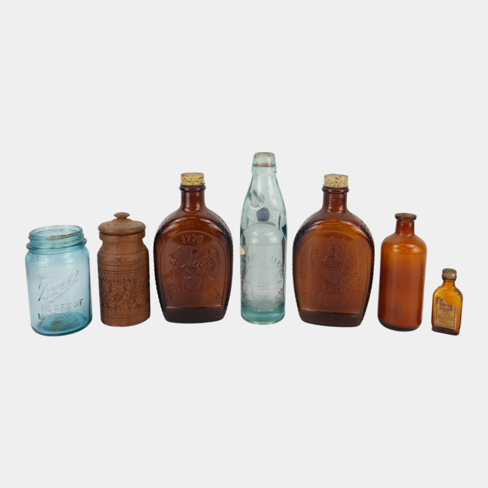 William H Baxter, Ball, Log Cabin, & Other Glass & Wooden Bottles And Jugs (1 of 6)