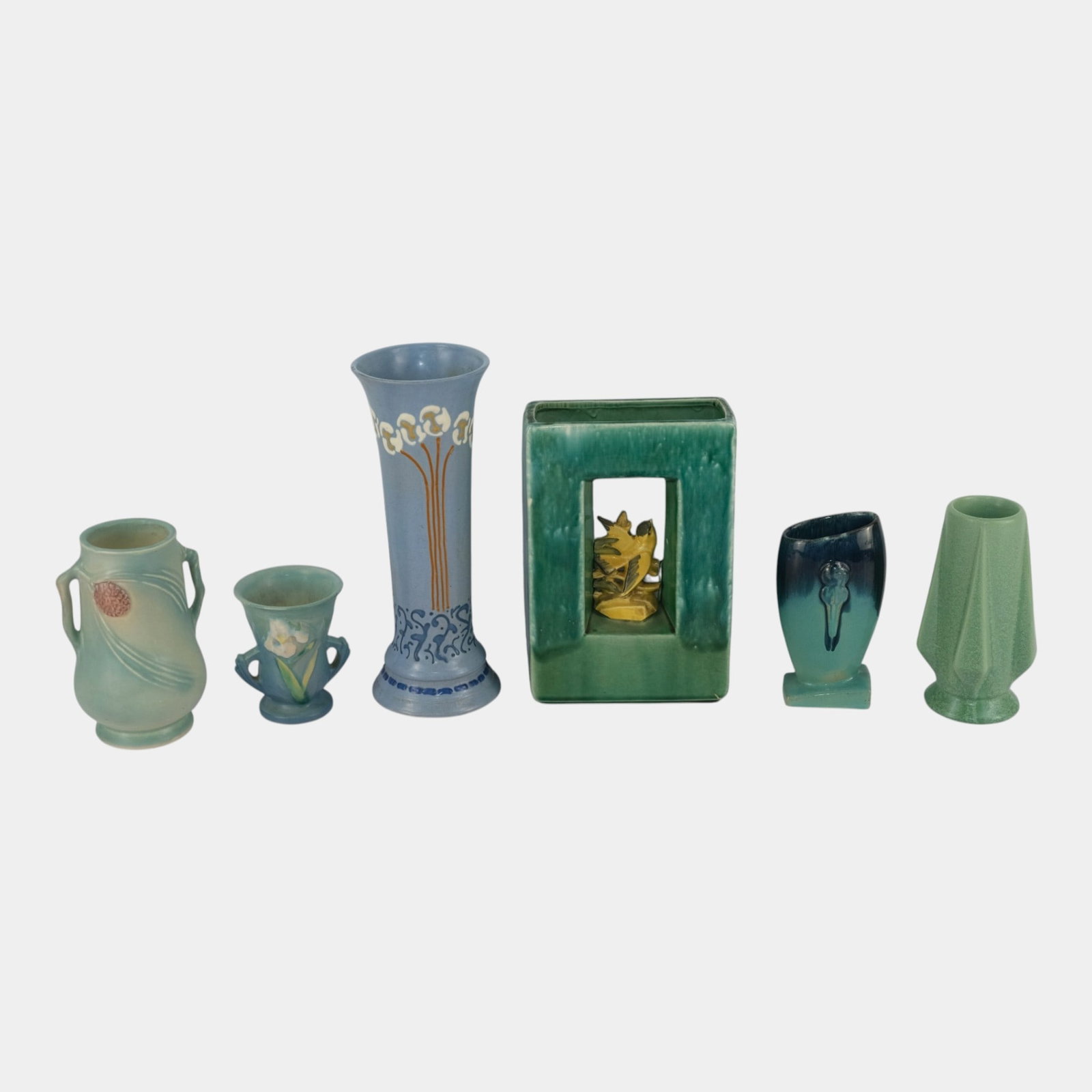 Roseville Blue Iris & Aztec, McCoy MCM Bird Planter, Haeger Green Rocket Vase, & Other Art Pottery (1 of 5)