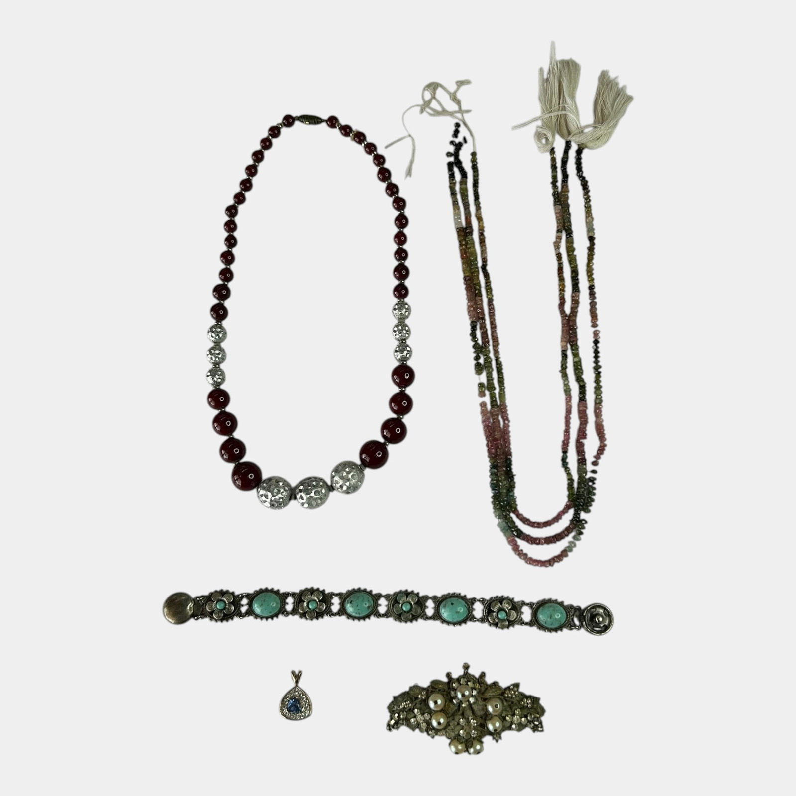 Vintage Costume Jewelry Including Beaded Necklaces & Strands, Turquoise Bracelet, Brooch, & Pendant: Professional, fast, and affordable in house shipping available for all items. For higher resolution images please visit bid.craftedauctions.com Excellent condition. Age related wear.