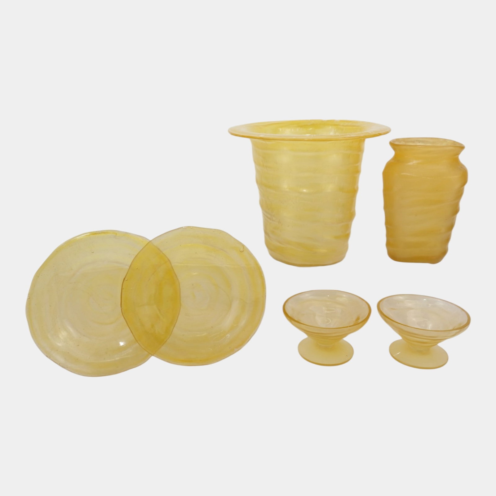 Consolidated Honey Catalonian Mid Century Modern Glass Sherbets Plates Vases: Professional, fast, and affordable in house shipping available for all items. For higher resolution images please visit bid.craftedauctions.com Consolidated Honey Catalonian Mid Century Modern Glass S