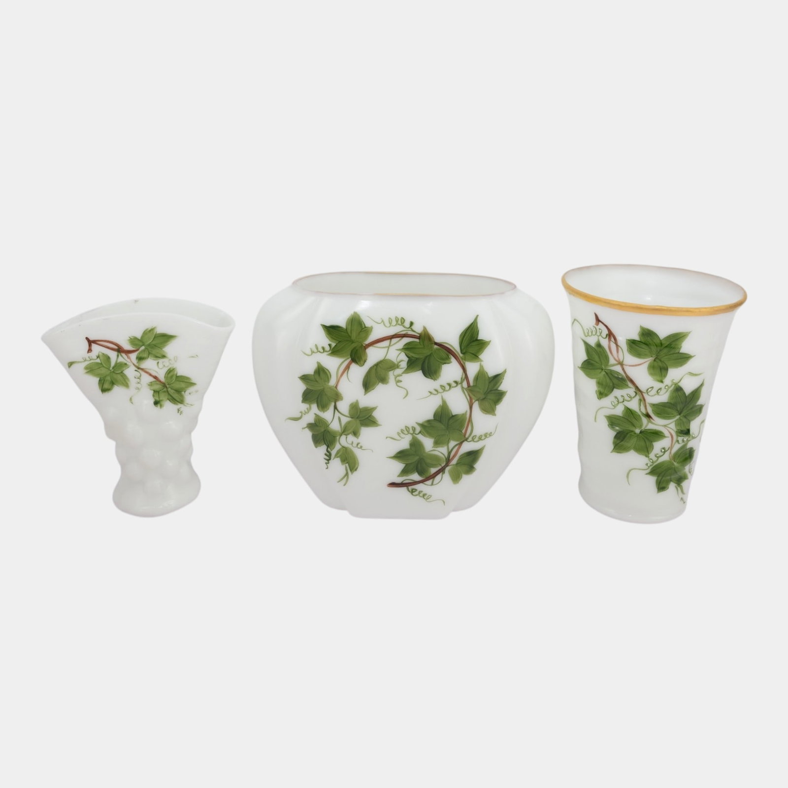 Consolidated Glass Co. White Milk Glass Con Cora Hand Painted Ivy Decorated Vases: Professional, fast, and affordable in house shipping available for all items. For higher resolution images please visit bid.craftedauctions.com Consolidated Glass Co. White Milk Glass Con Cora Hand Pa