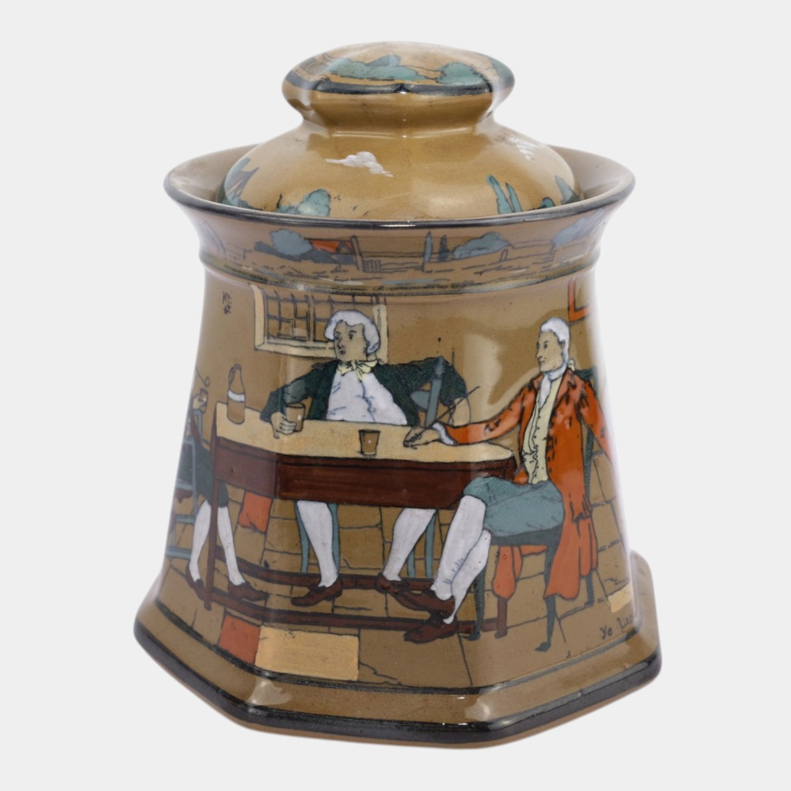 Buffalo Pottery Deldare Ware 1908 Vintage Art Pottery Ceramic "Ye Lion Inn" Humidor: Professional, fast, and affordable in house shipping available for all items. For higher resolution images please visit bid.craftedauctions.com Buffalo Pottery Deldare Ware 1908 Vintage Art Pottery Ce