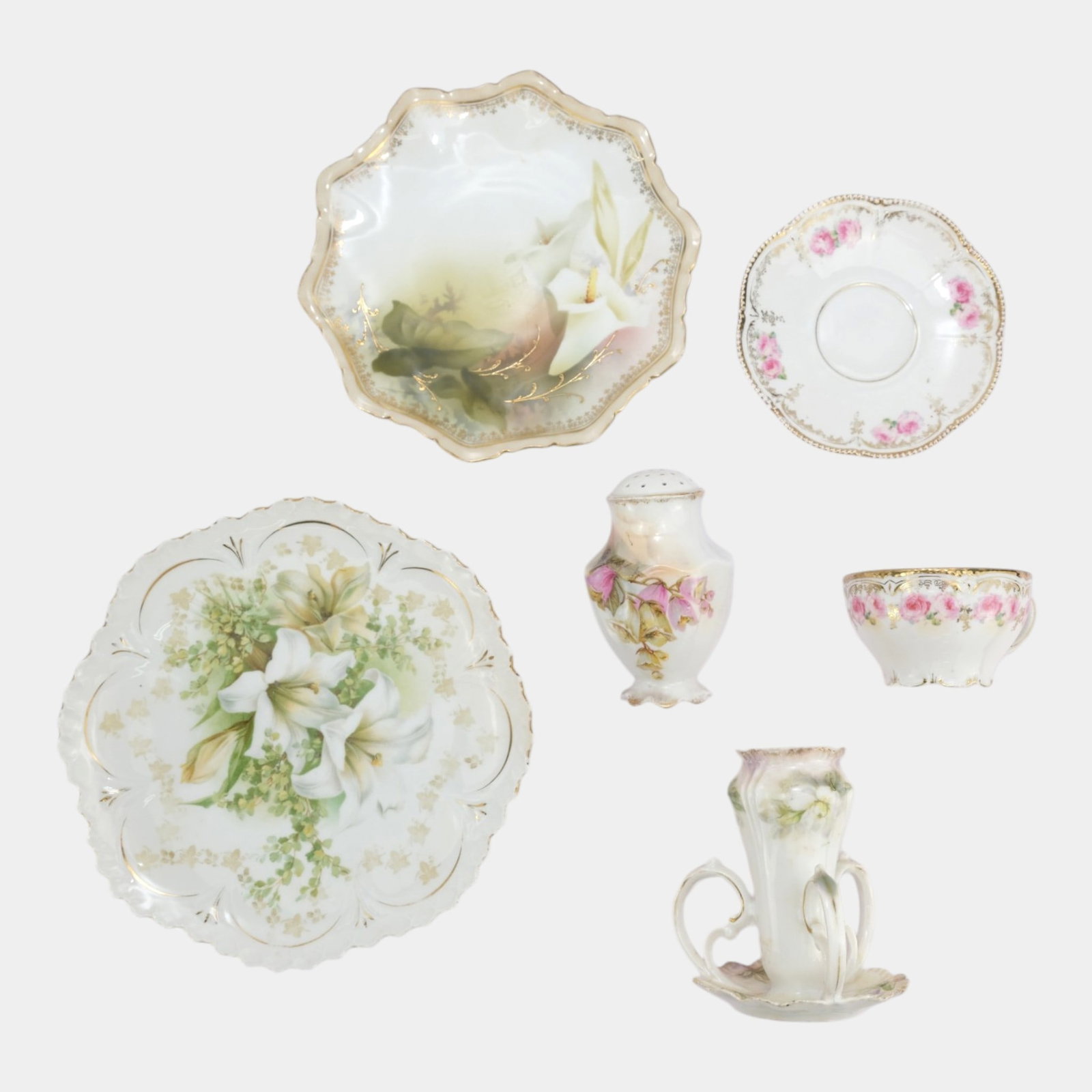 RS Prussia Early 1900s Hand Painted Floral Decorated Plates Teacup Muffineer Hatpin Holder (1 of 5)