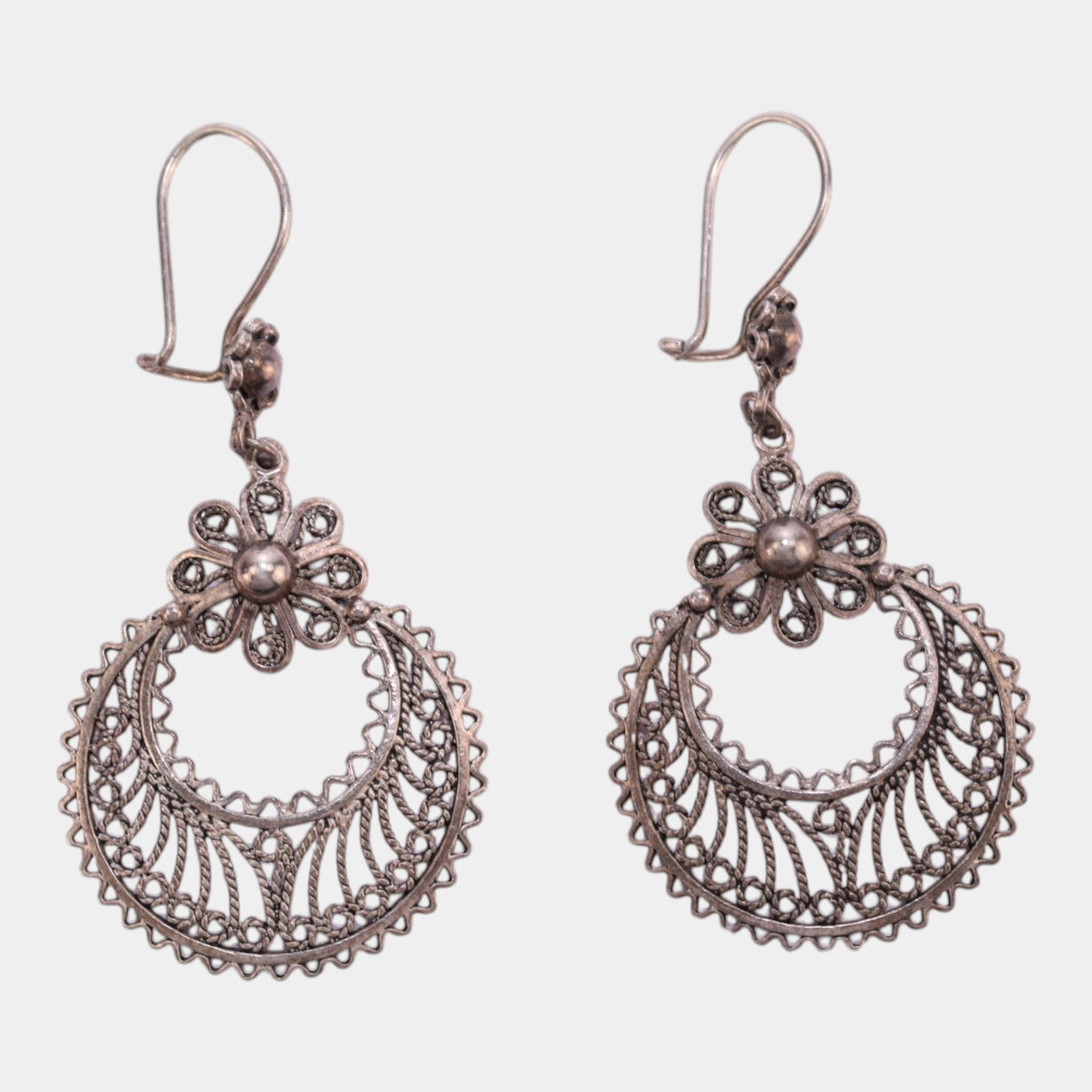 DCS Turkish Sterling Silver Filigree Hoop Mid Century Drop Earrings Ethnic Jewelry Design (1 of 3)