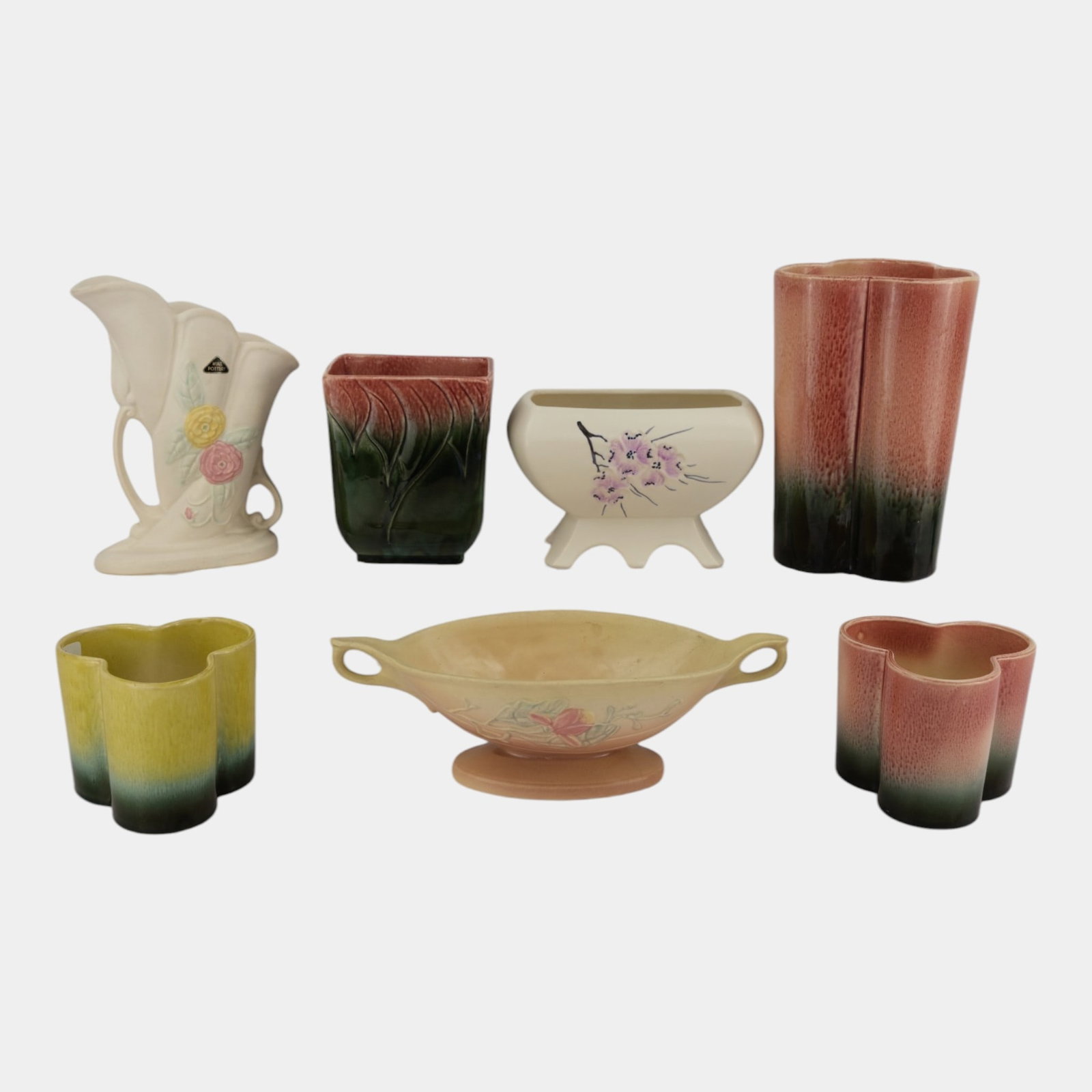 Hull & McCoy Art Pottery Mid Century Modern Pink Yellow White Planters, Vases, & Console Bowl: Professional, fast, and affordable in house shipping available for all items. For higher resolution images please visit bid.craftedauctions.com Hull & McCoy Art Pottery Mid Century Modern Pink Yellow 